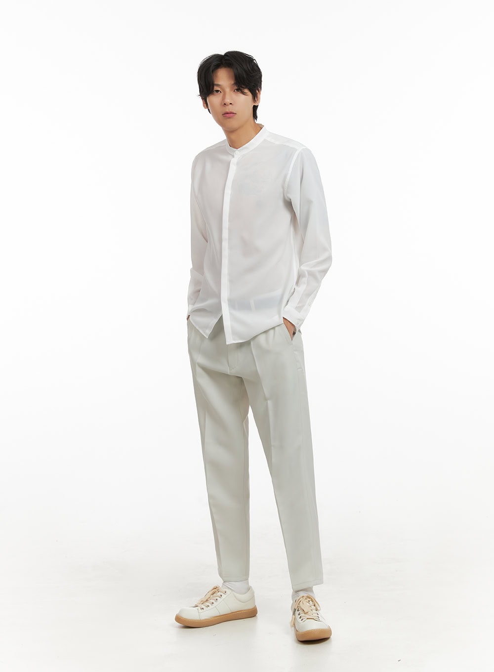 Men's Solid Collarless Long Shirt IY402