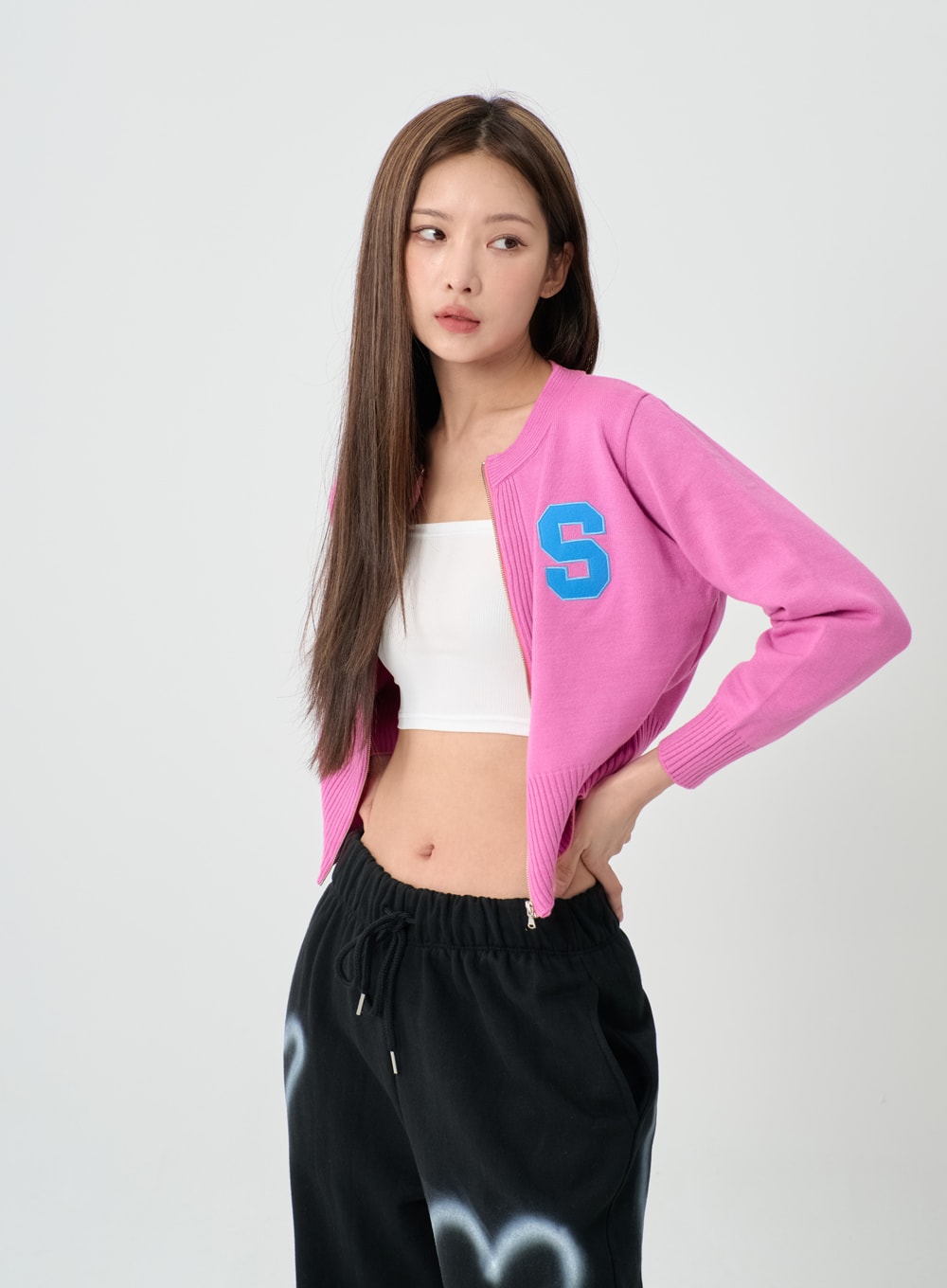 S Lettering Knit Long Sleeve Zip Up IS06