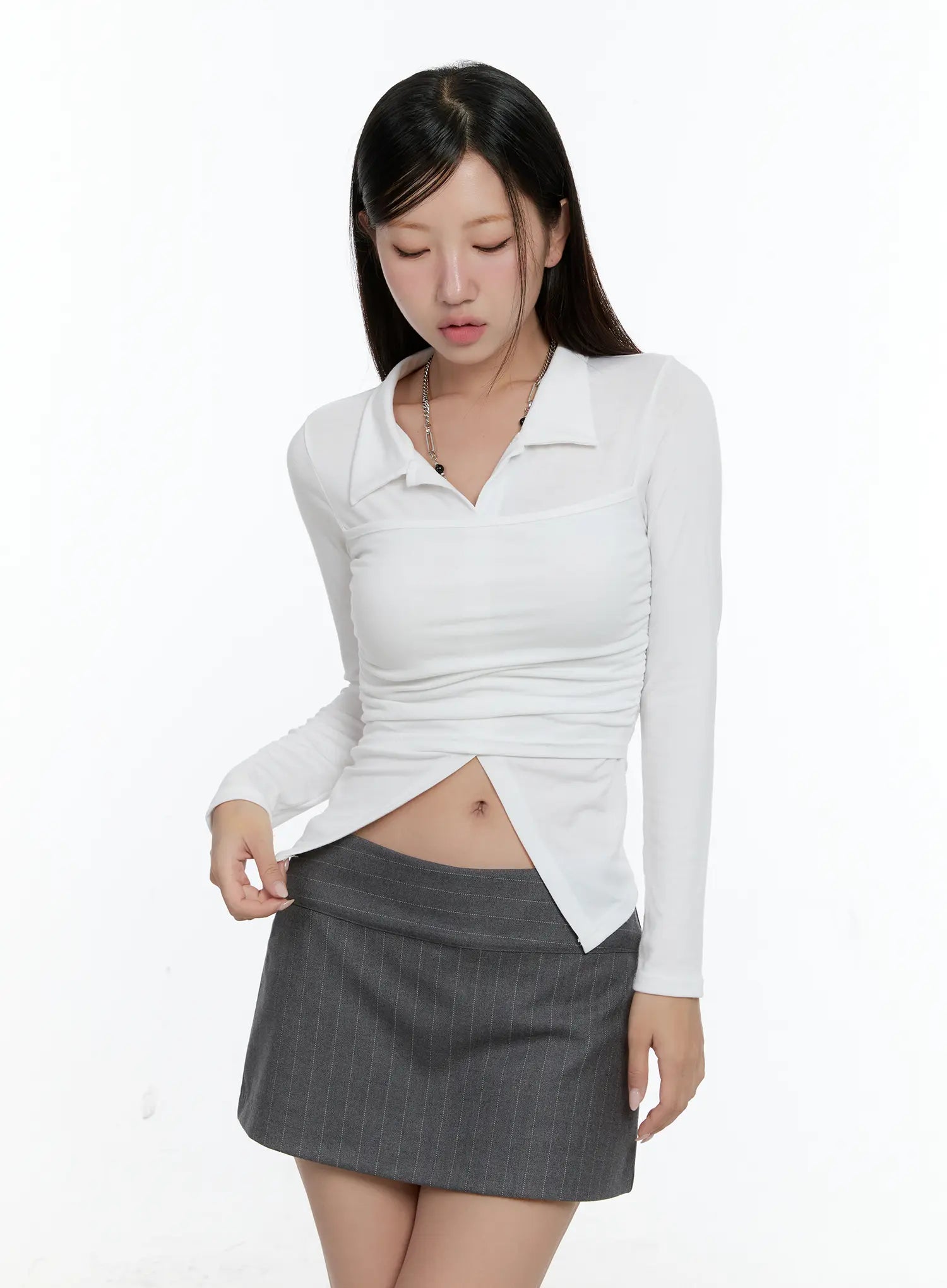 Layered Collar Shirred Long Sleeve Top CS518