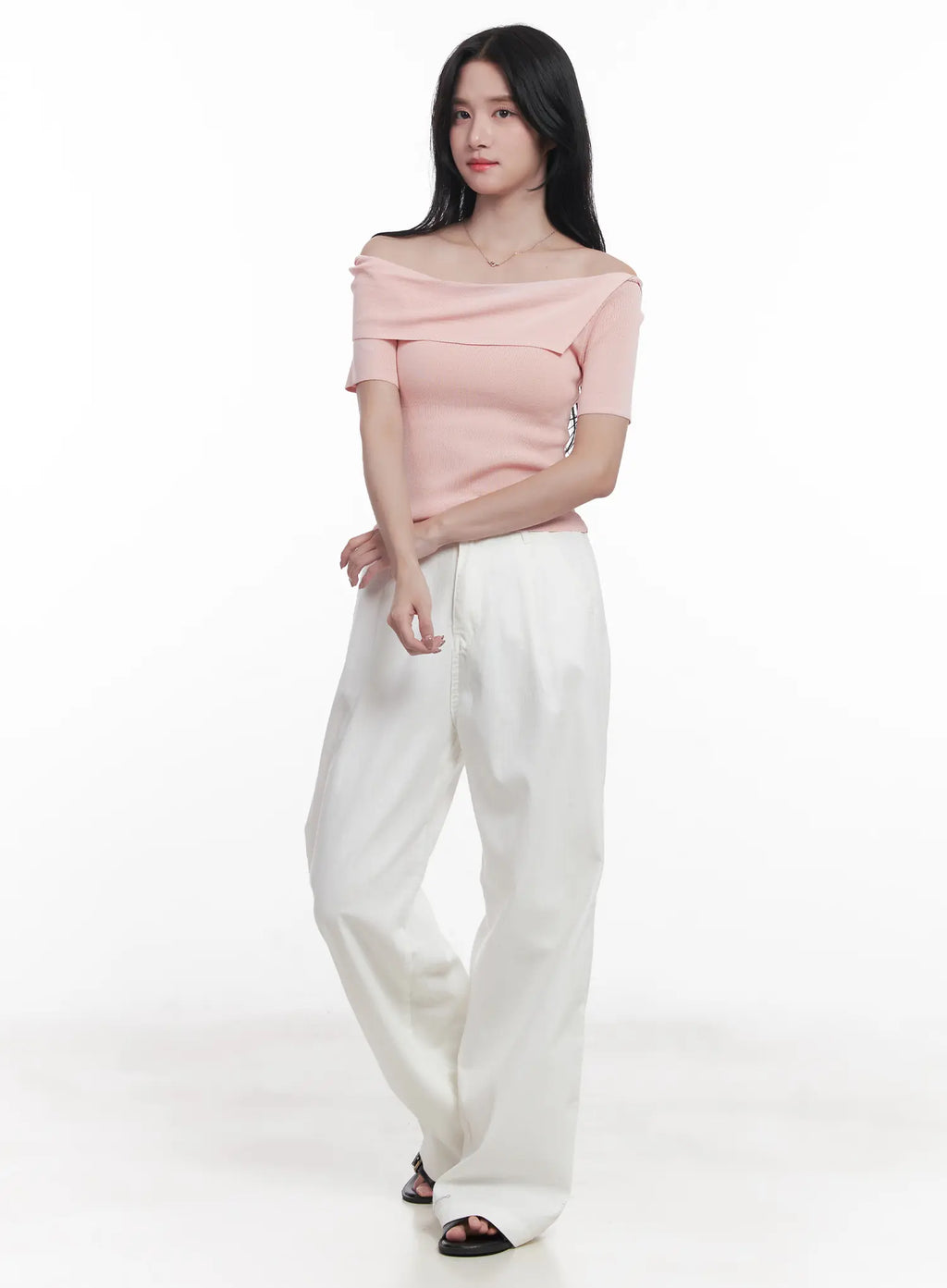 Off-Shoulder Asymmetric Short-Sleeve Sweater CU525