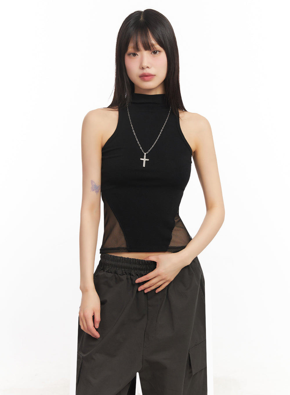 Mesh Sleeveless Collared Crop Top IY502