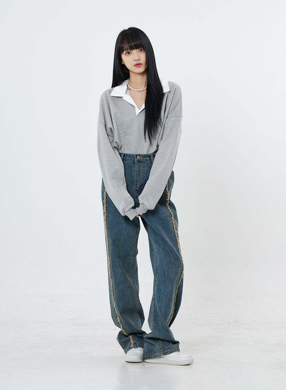 V-Neck Shirt Collar Oversize Sweatshirt OO13