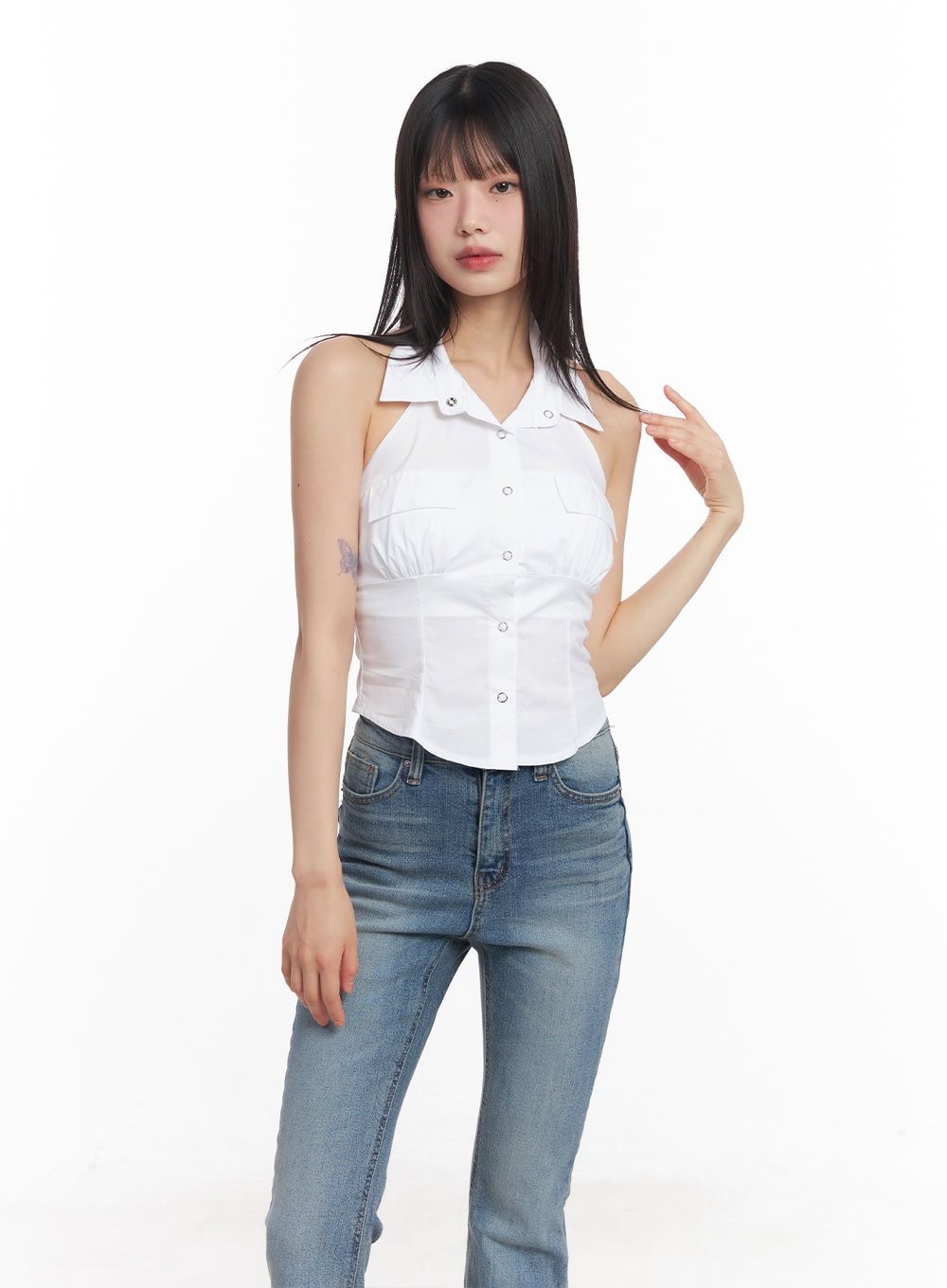 Collared Halter Buttoned Top CY512