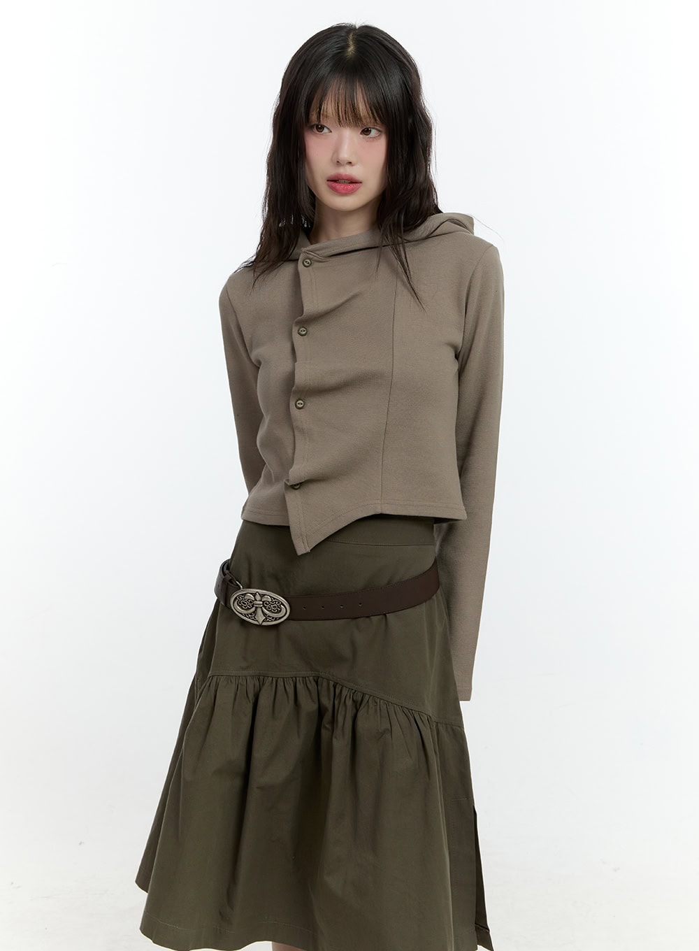 Shirring Buttoned Hooded Cardigan CF506