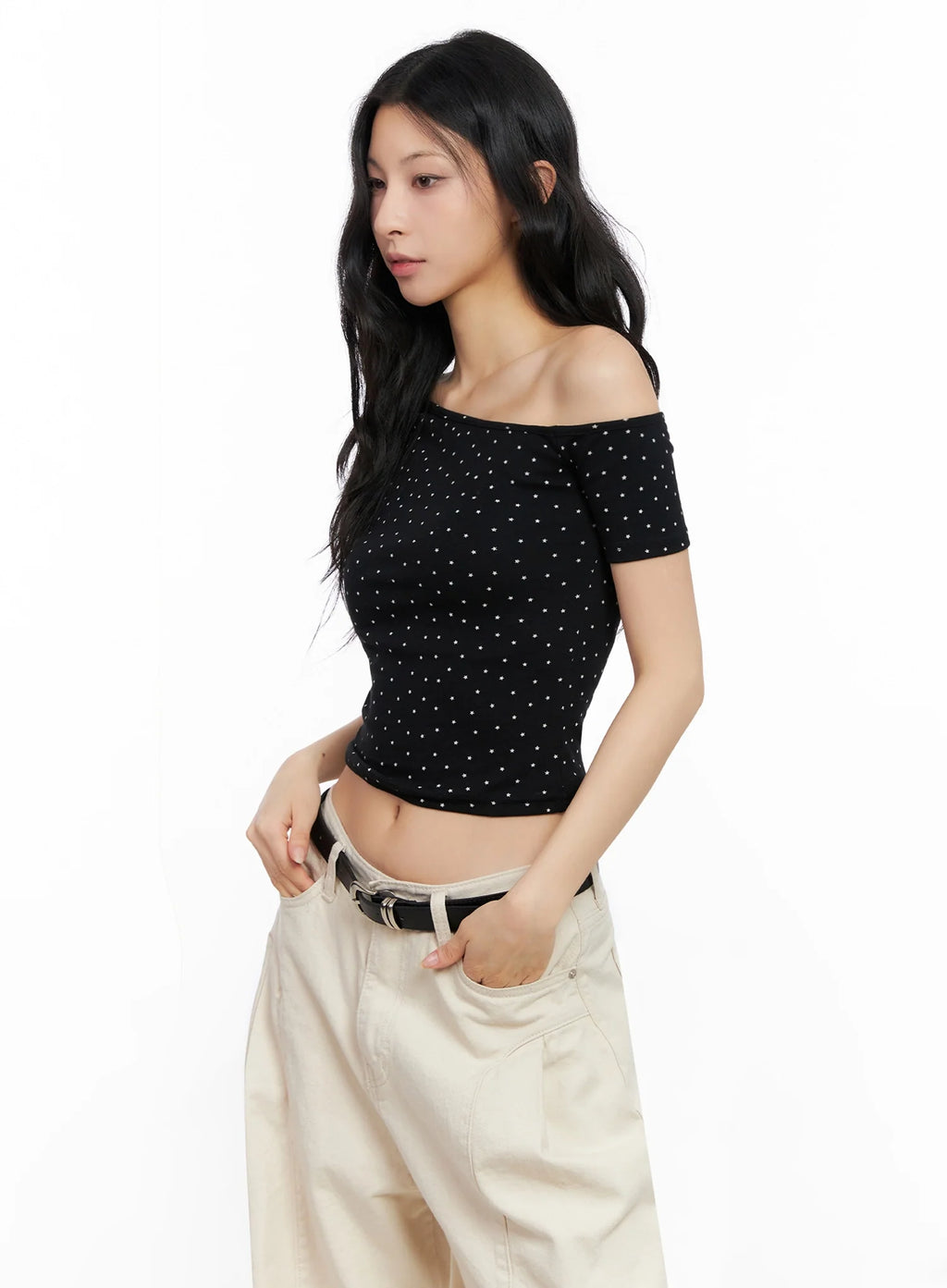 Star Print Off-Shoulder Crop Top IG508