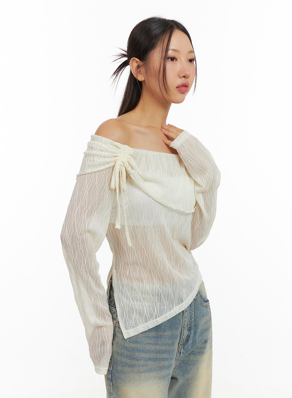 See-Through Textured Off-Shoulder Top IS402
