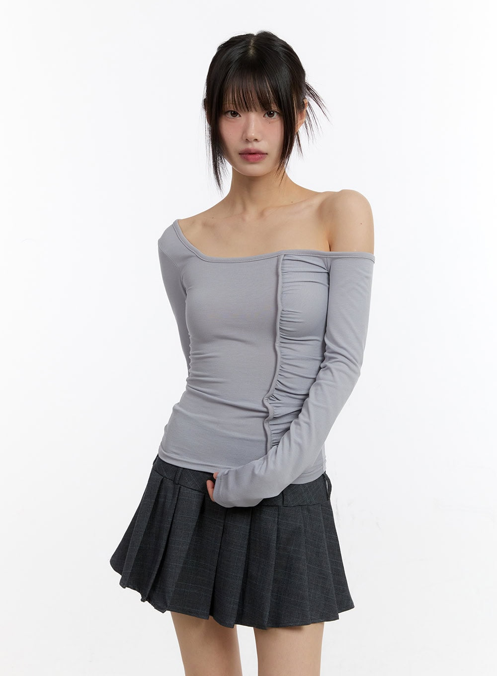 Shirred One-Shoulder Long-Sleeve Top CA508