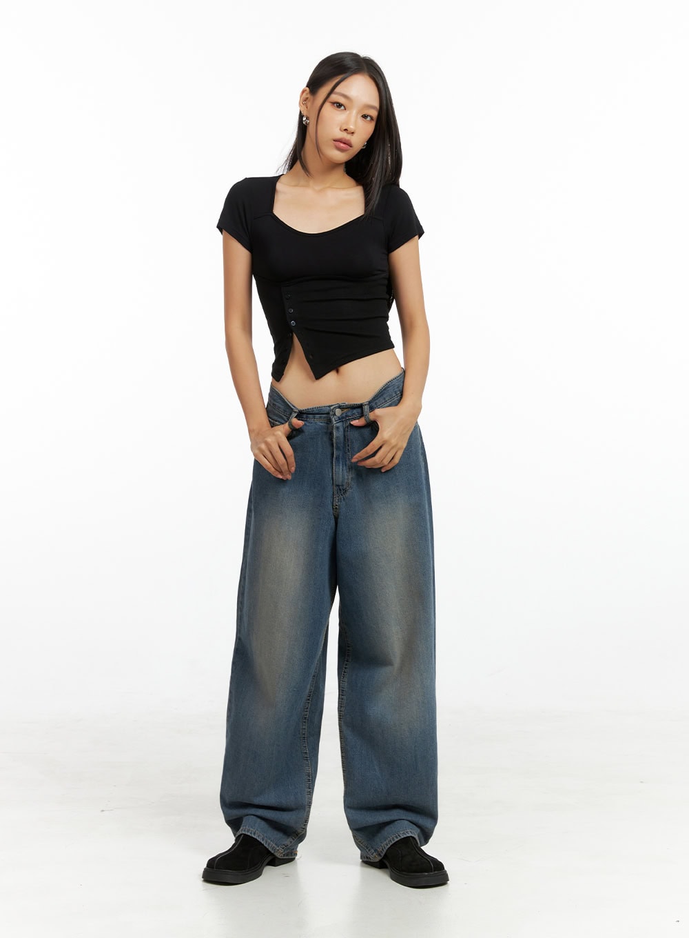 Asymmetrical Buttoned Square Neck Crop Top IG405