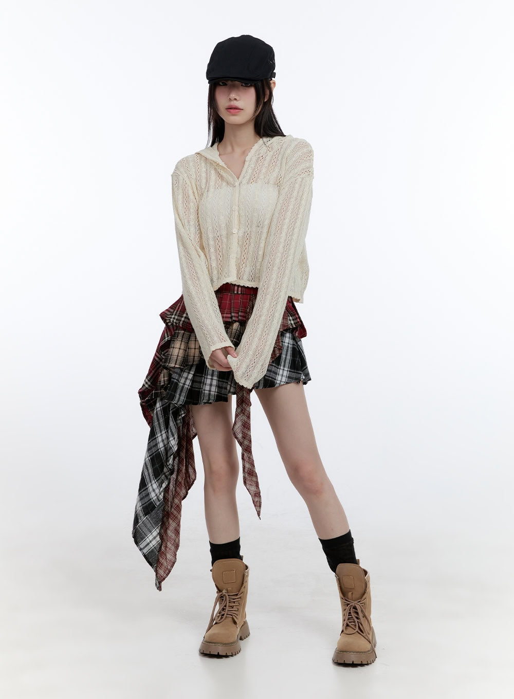 Asymmetrical Ruffle Checkered Mini Skirt CG412