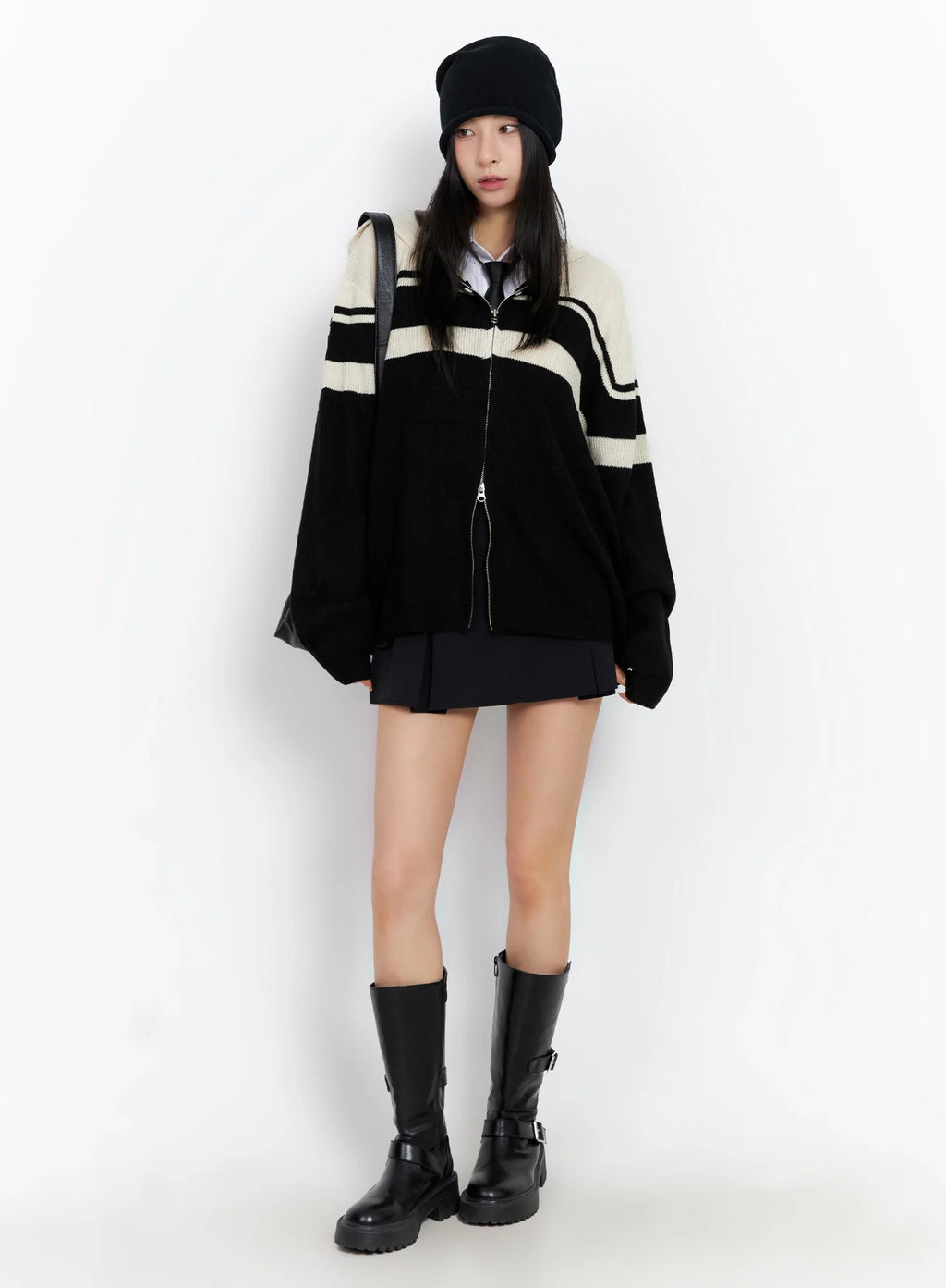Striped Oversized Zip-Up Knit Hoodie IG508