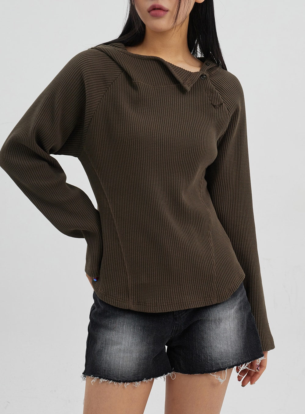 Side Button Detail Knit Hoodie CJ318