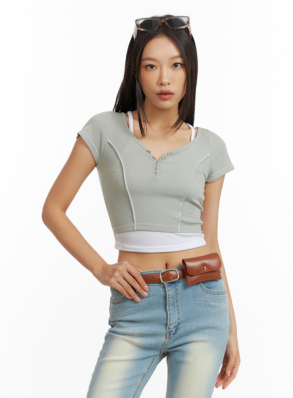 V-Neck Buttoned Crop Top IL409