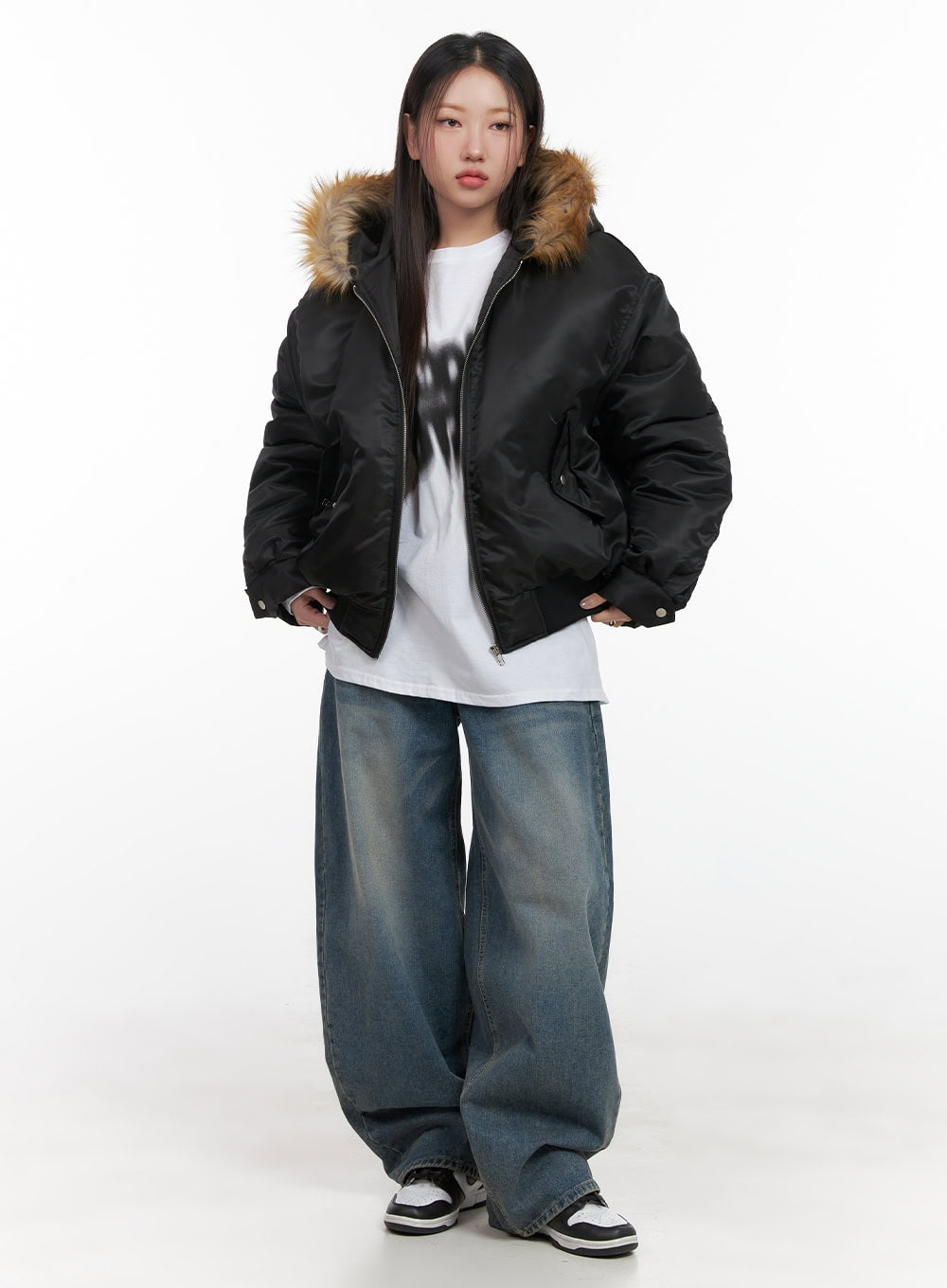 Fur Detail Hooded Bomber Jacket CD411