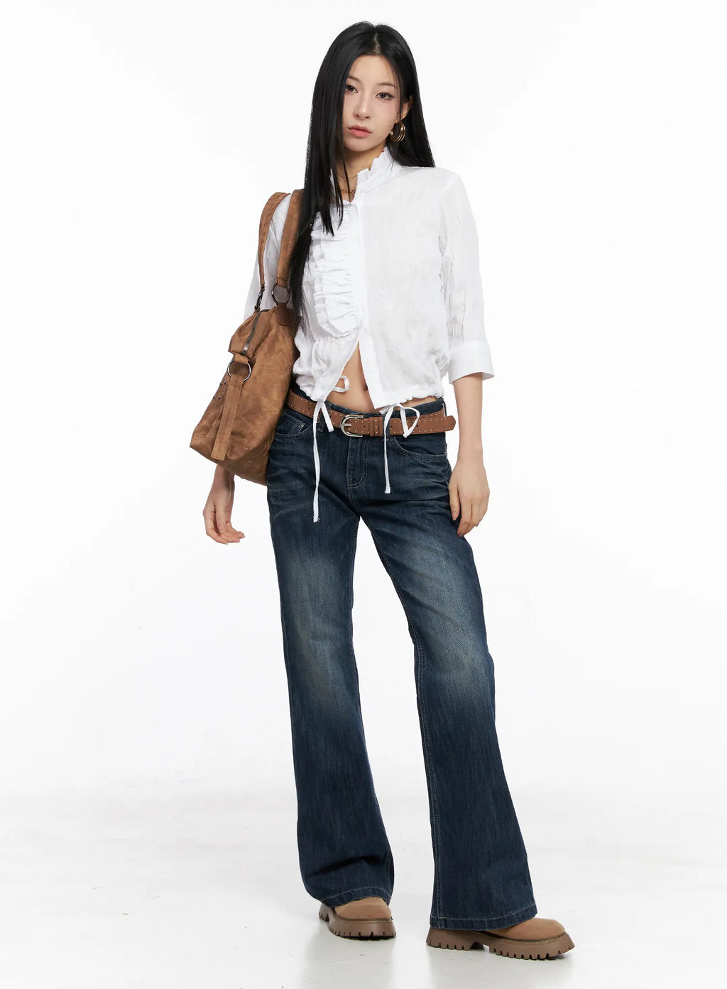 White Crinkled High Collar Top CC1109