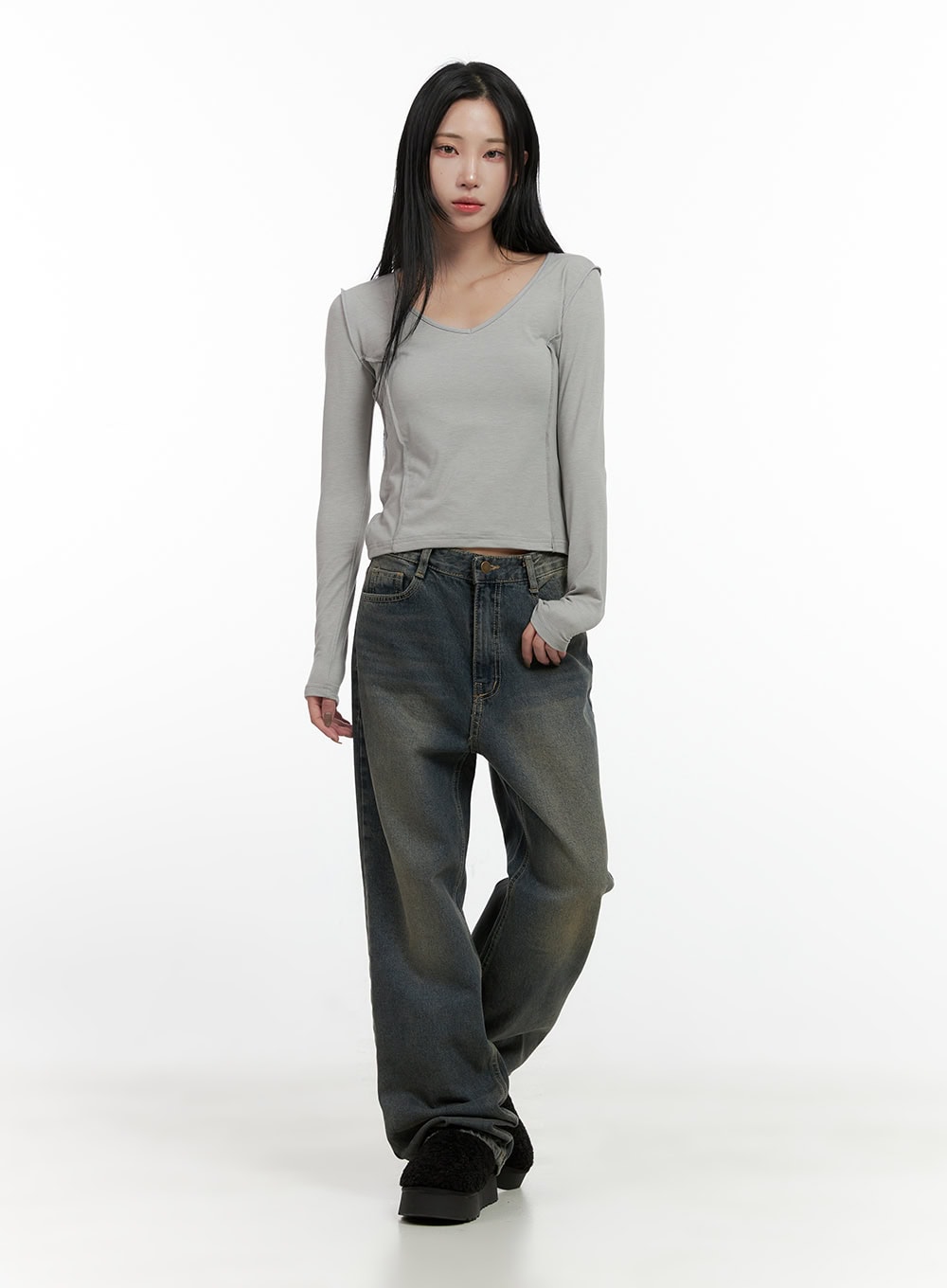 Stitched V-Neck Long Sleeve Top CN407