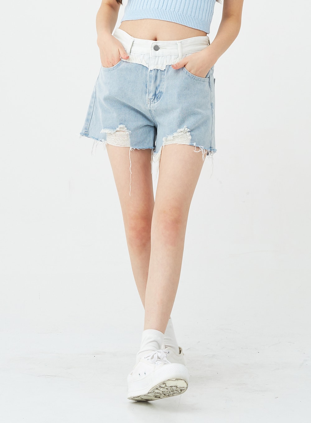Two-Tone Distressed Denim Shorts BG12