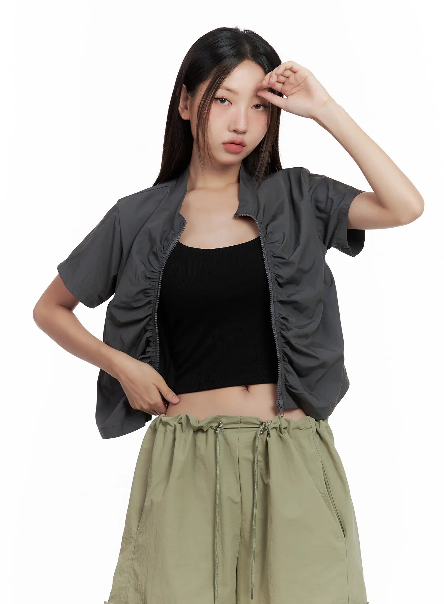 Shirred Zip Nylon Short-Sleeve Jacket CL509