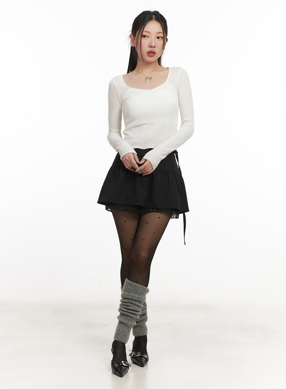 Ribbon Lace-Trim Long-Sleeve Top IM524