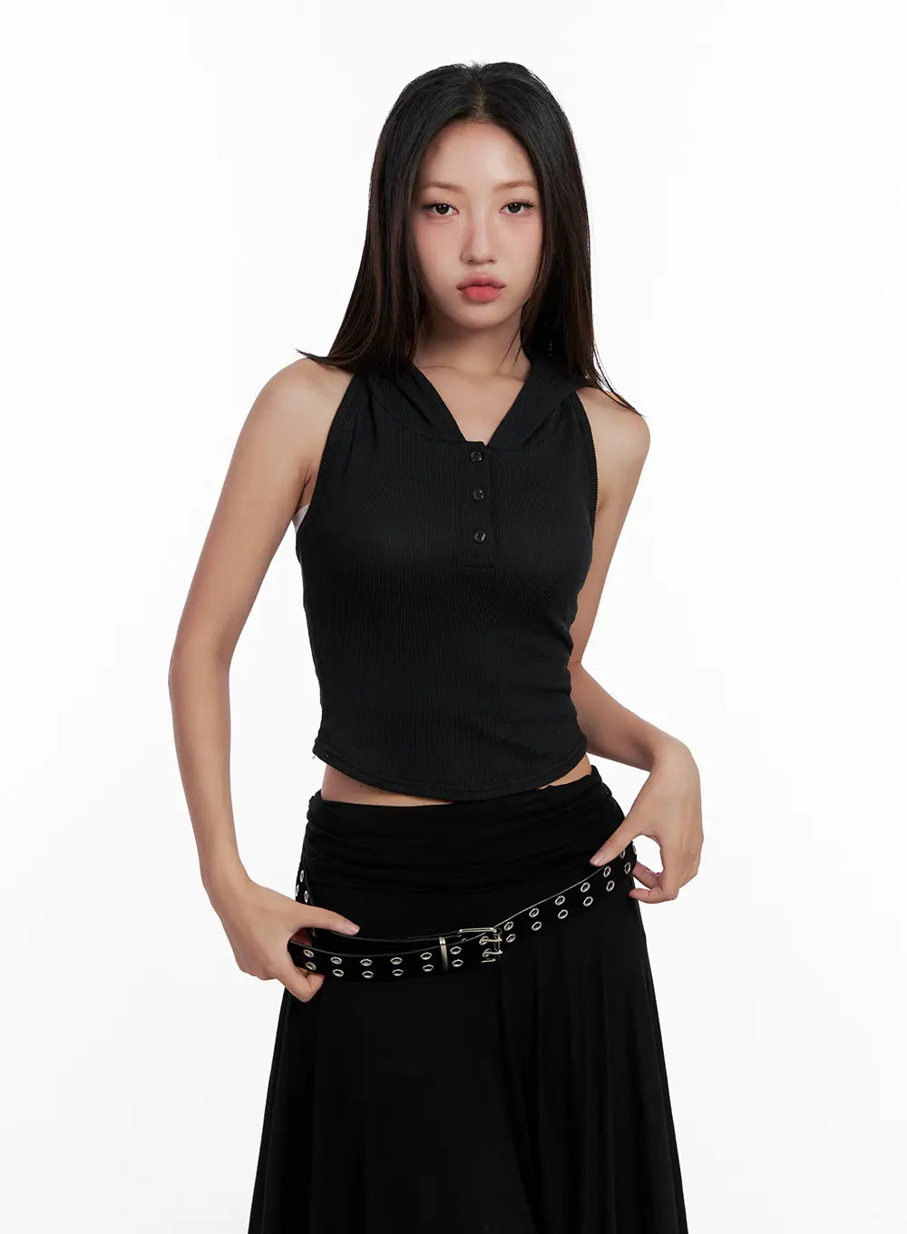 Ribbed Button Hoodie Crop Tank CL518