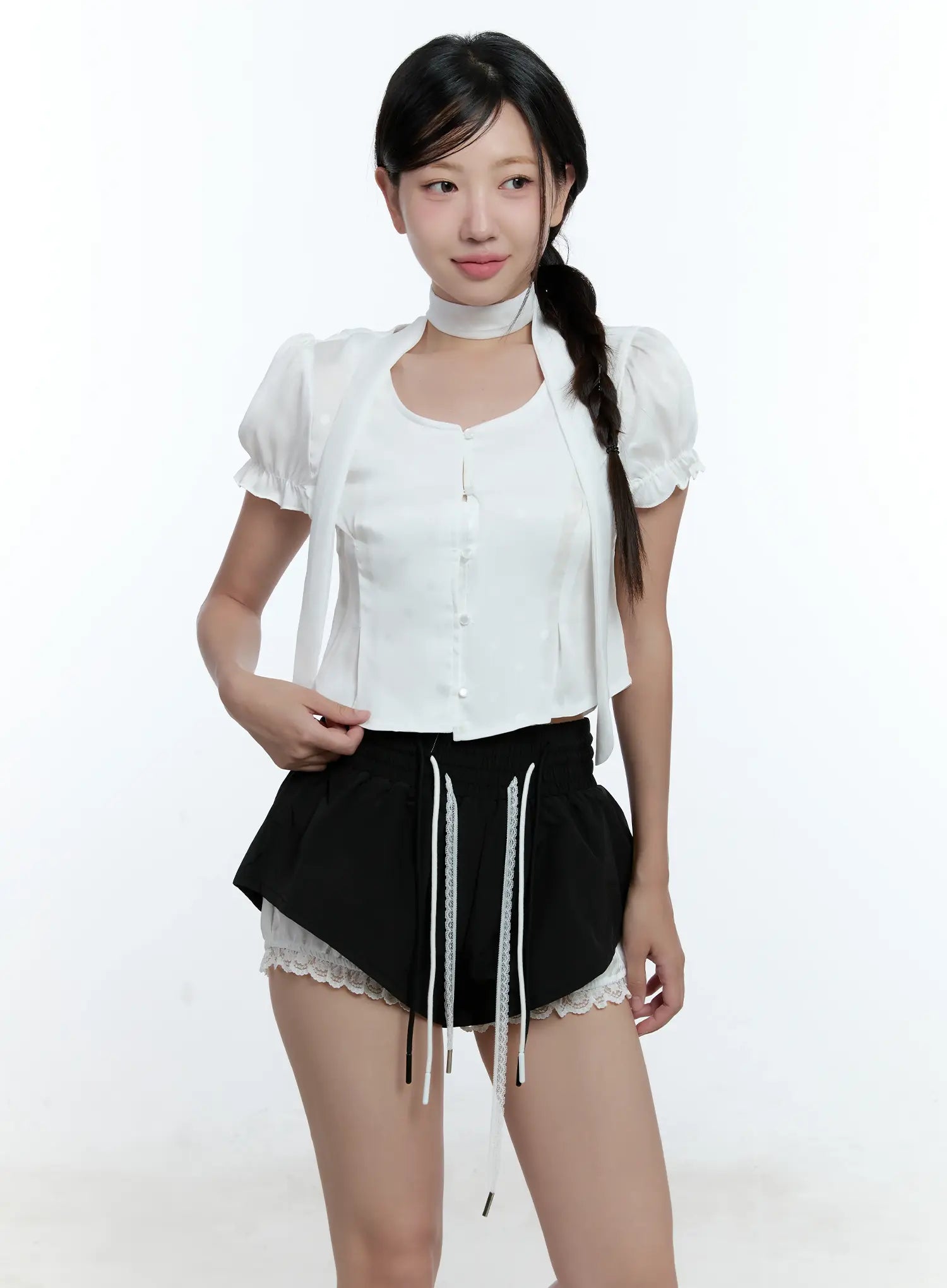 Puff Sleeve Crop Top & Scarf CU527