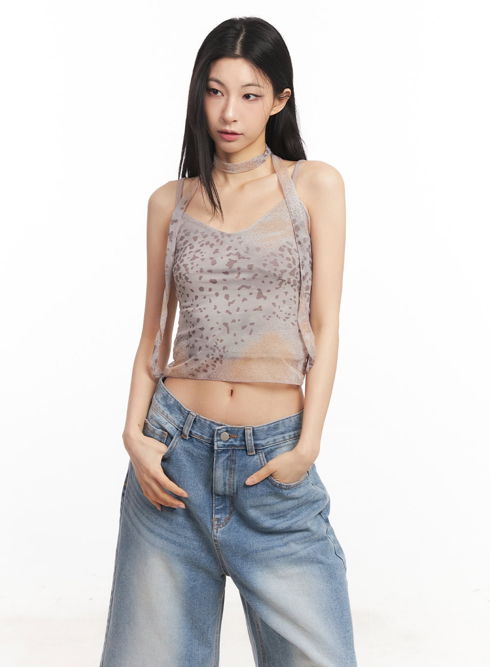 Leopard Mesh Crop Cami Top with Scarf CA516