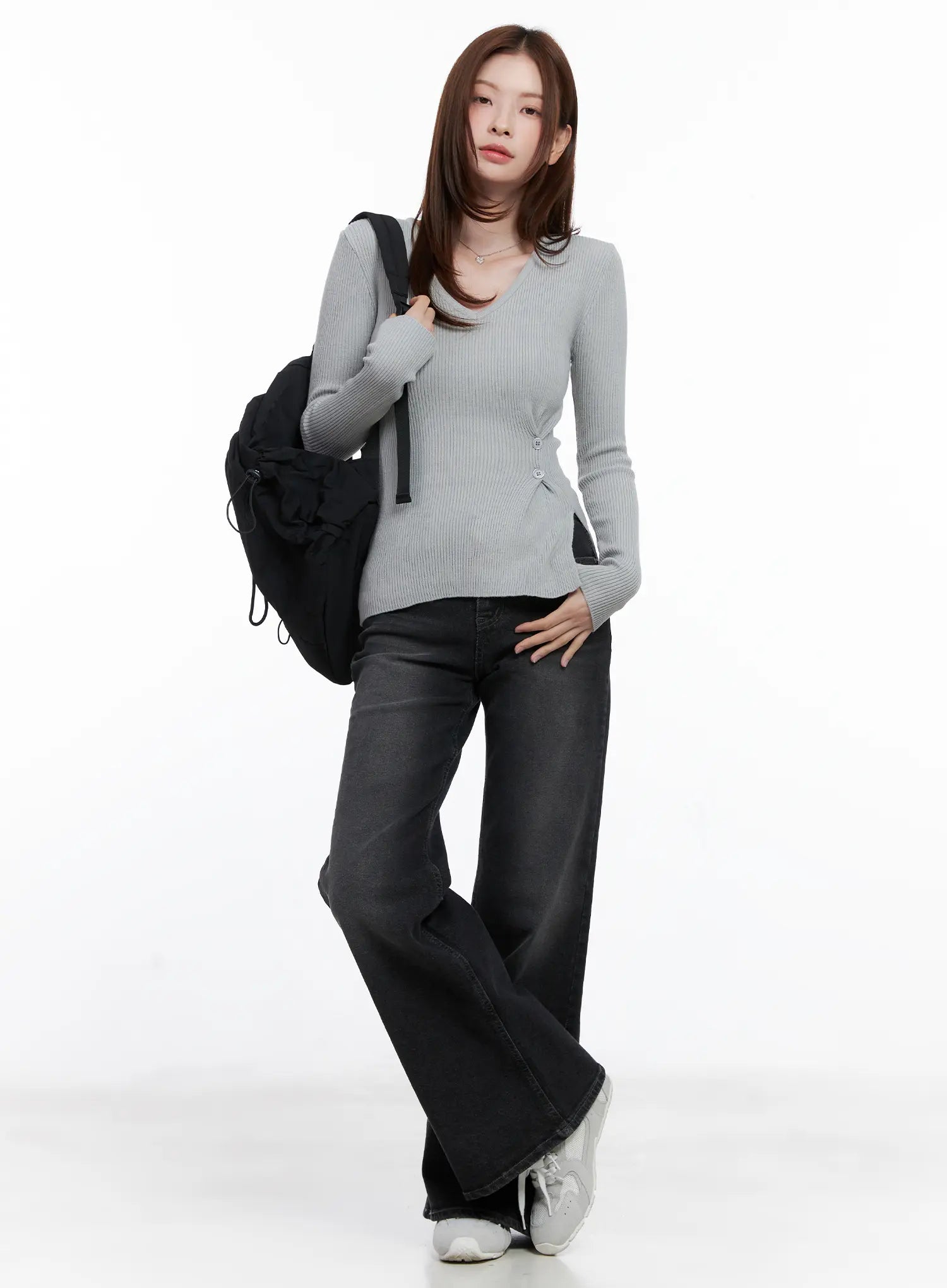 Ribbed V-Neck Long-Sleeve Knit Top CG521