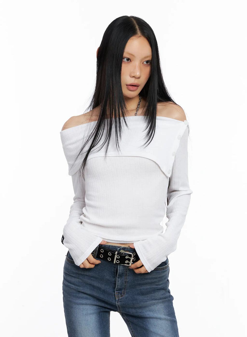 Side-Button Off-Shoulder Long Sleeve CS509