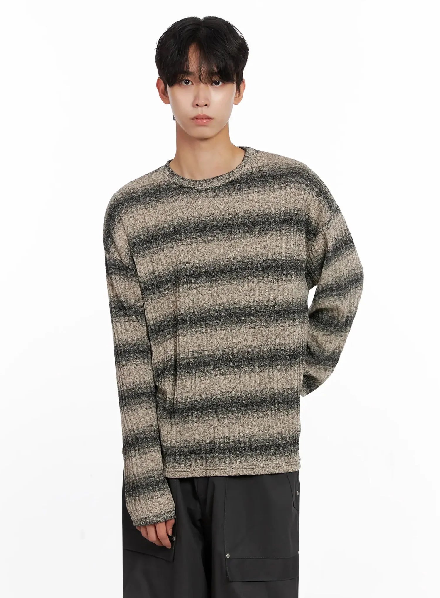 Men's Ribbed Striped Long Sleeve Shirt IO516