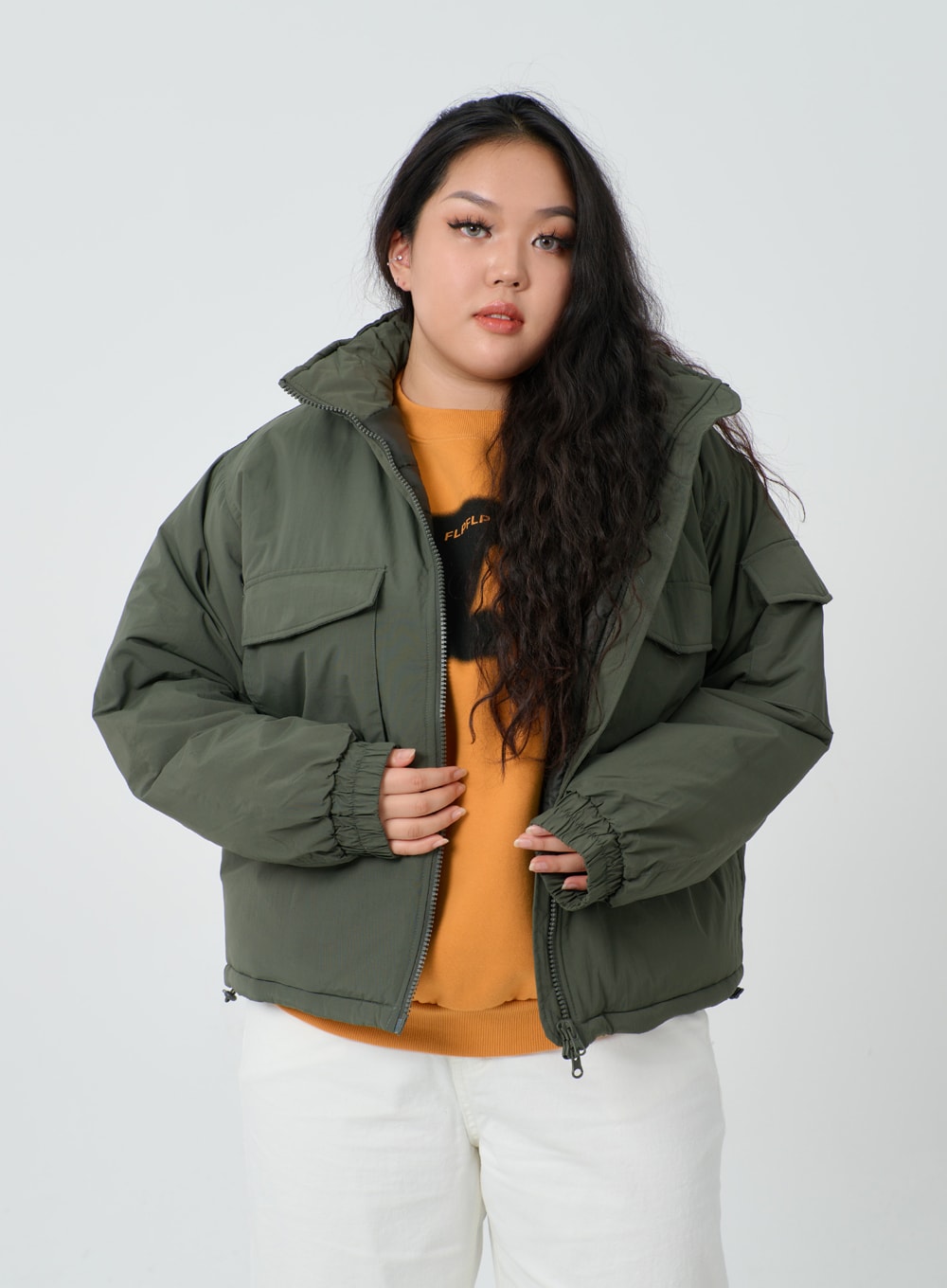 Plus Twin Front Pocket Hoodie Puffer Jacket ID27