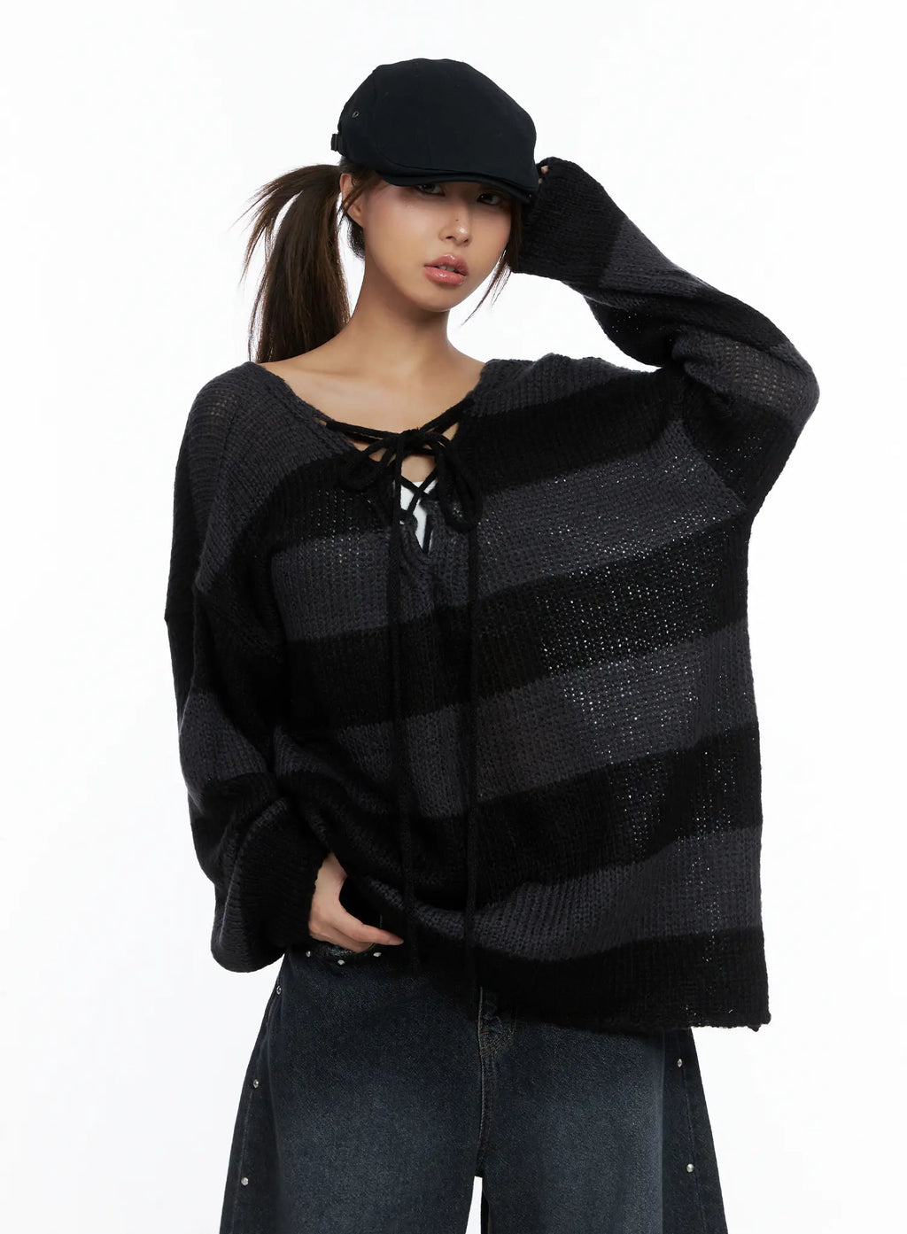 Striped Lace-Up Long-Sleeve Knit Top CS505
