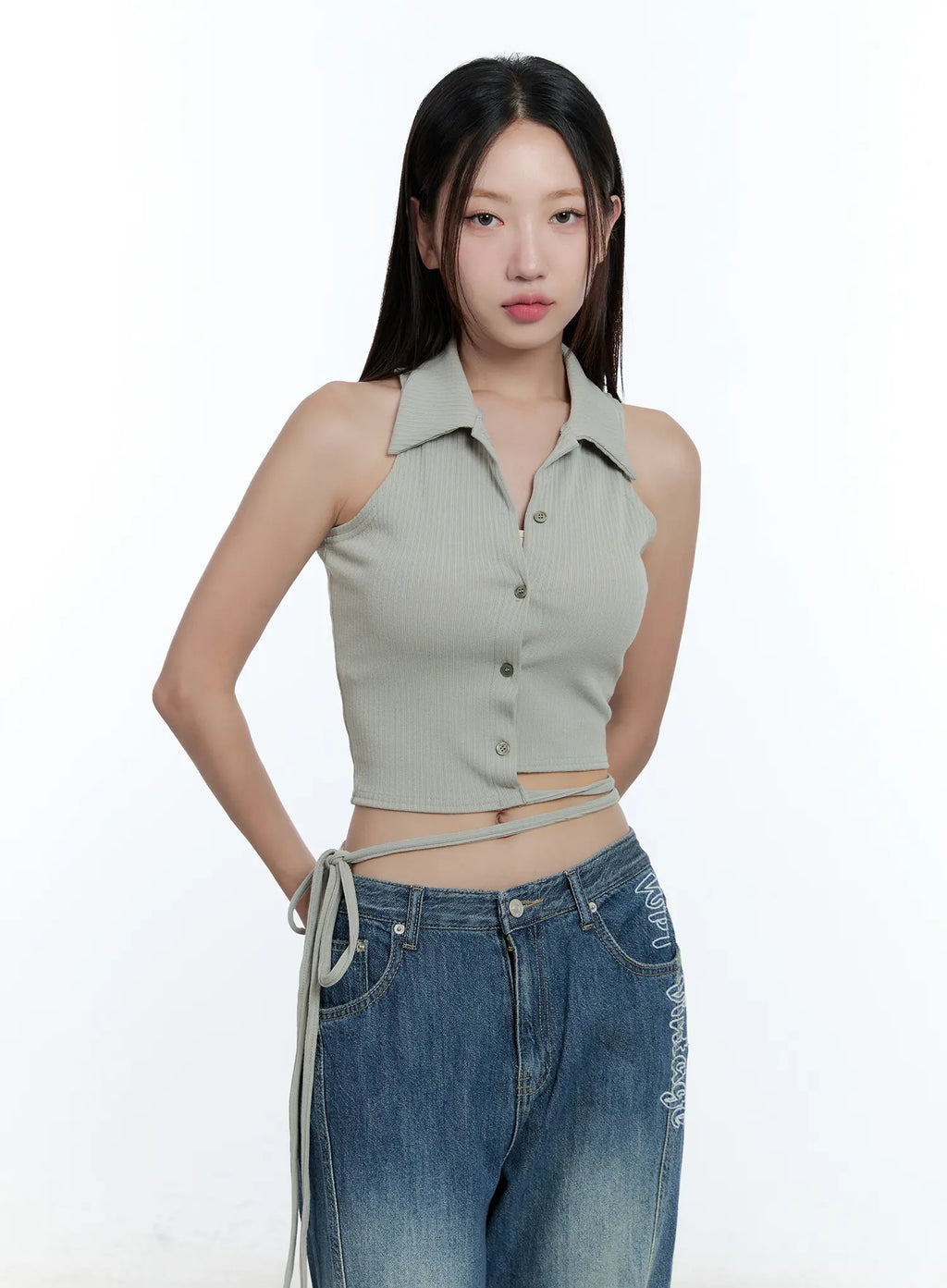 Asymmetric Buttoned Collared Tank Top CU527