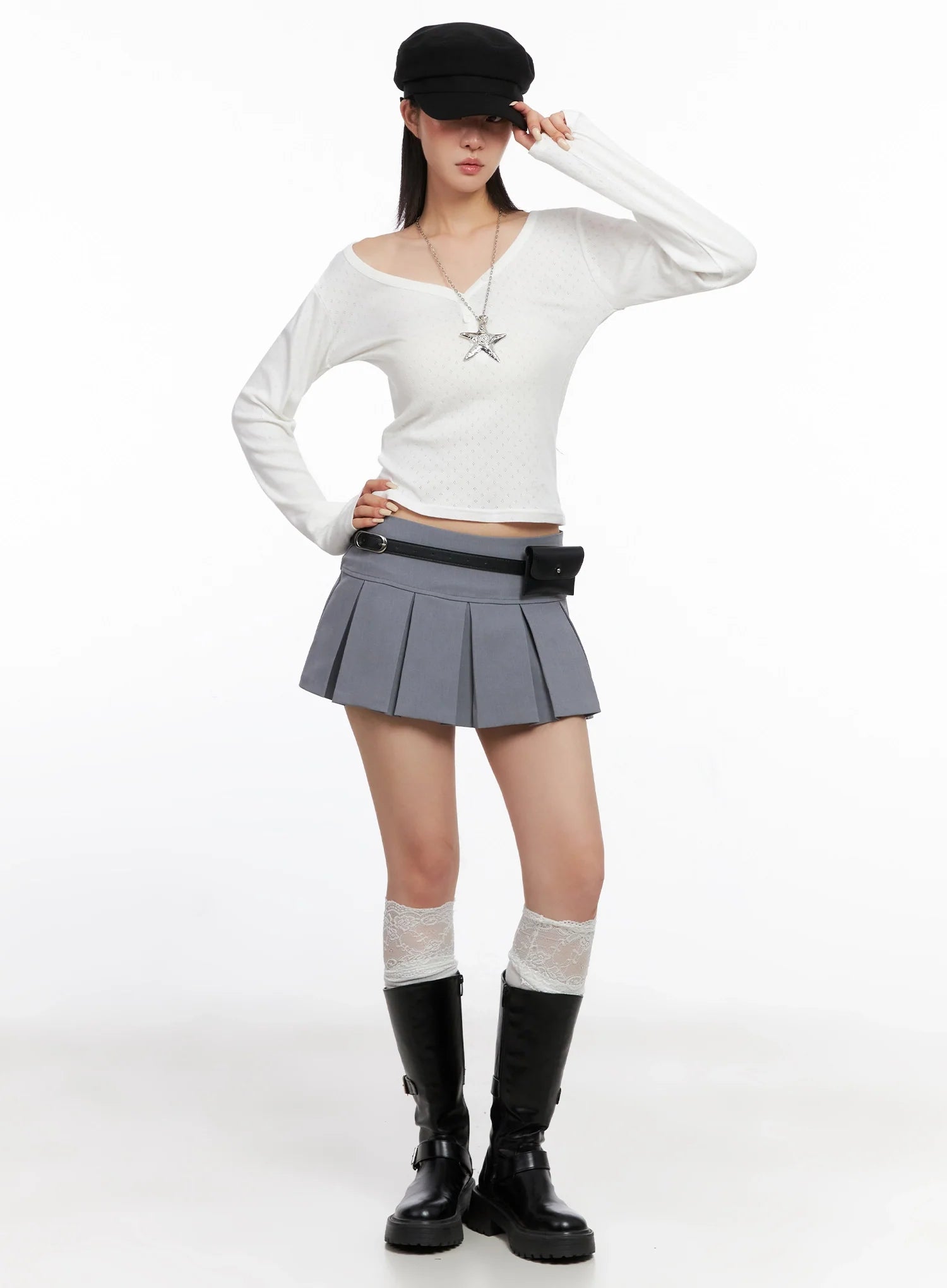 V-Neck Eyelet Long Sleeve Top IS515