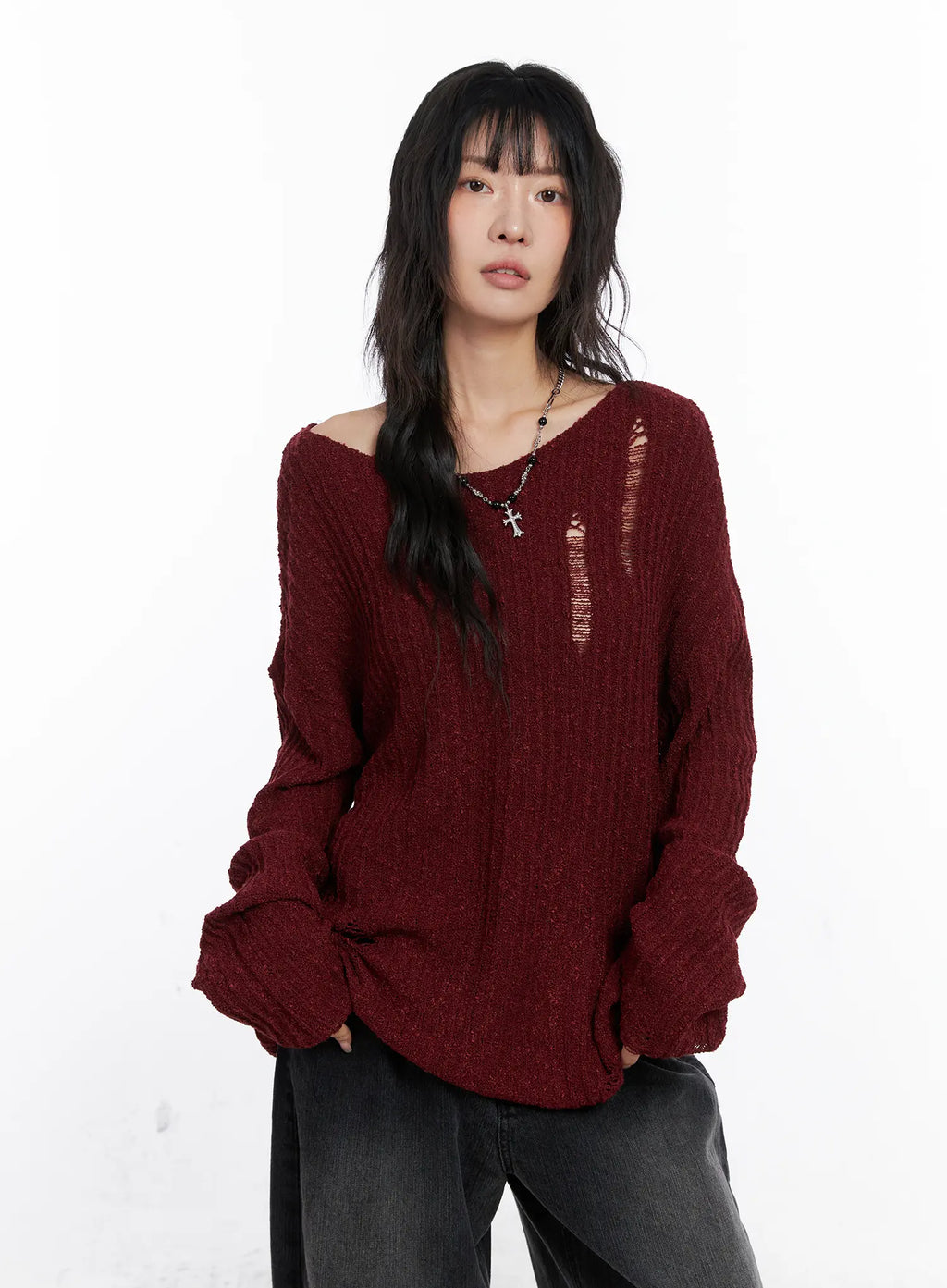 Distressed Off-Shoulder Sweater CC1809