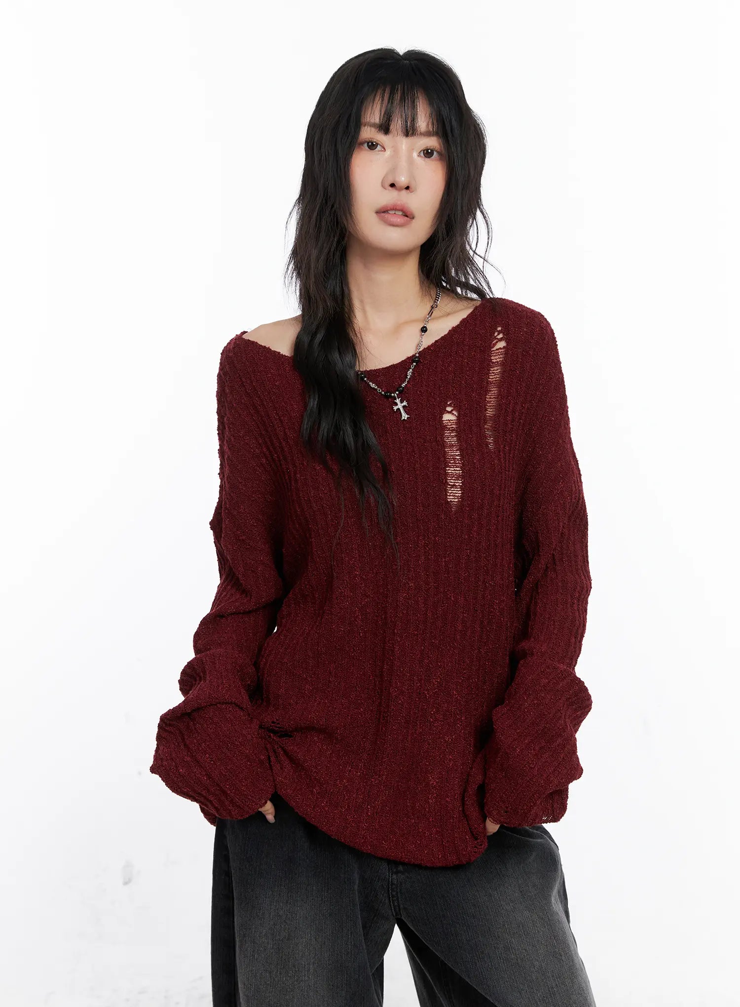 Distressed Off-Shoulder Sweater CC1809