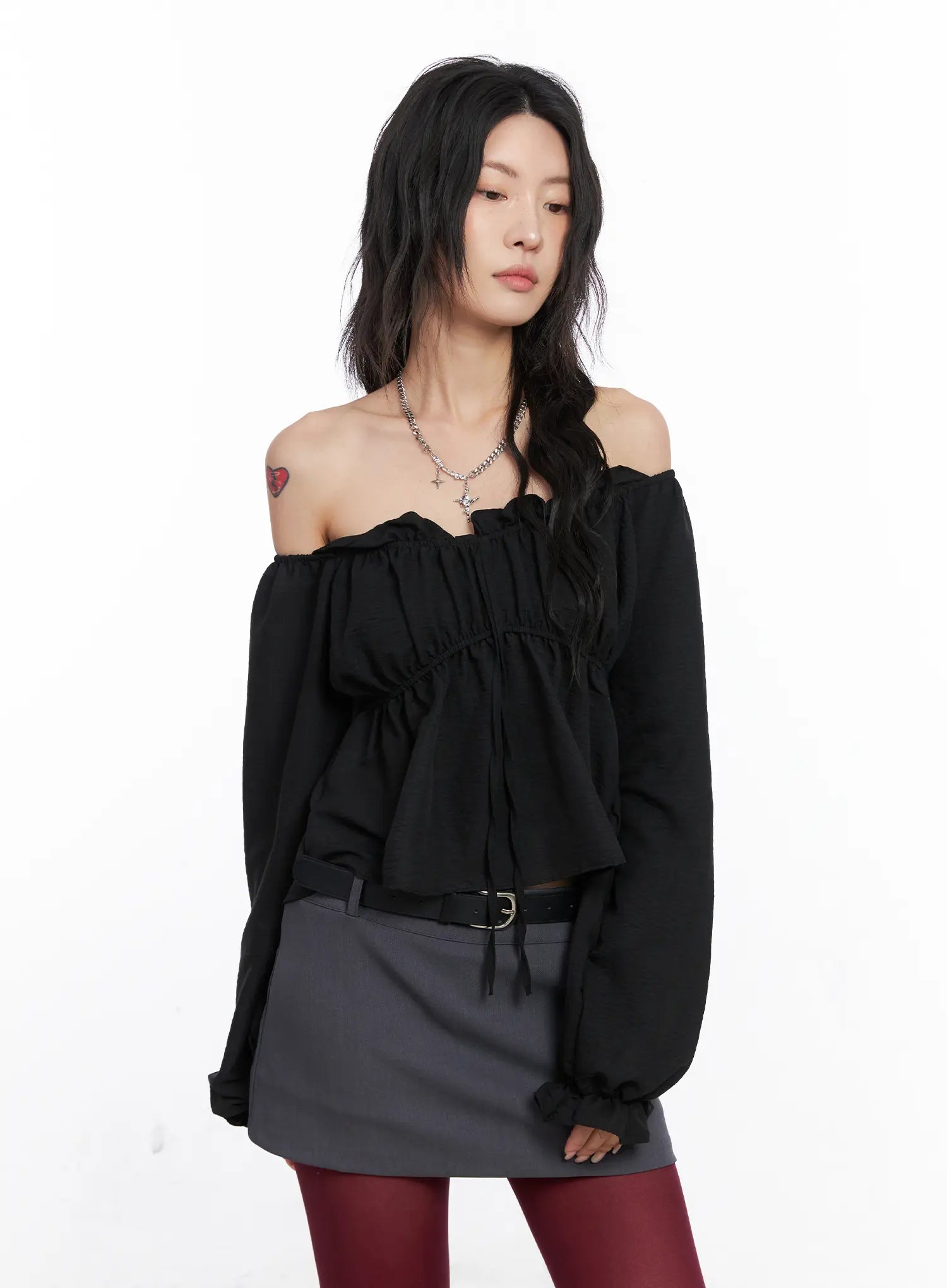 Off-Shoulder Shirred Ribbon Blouse CO508