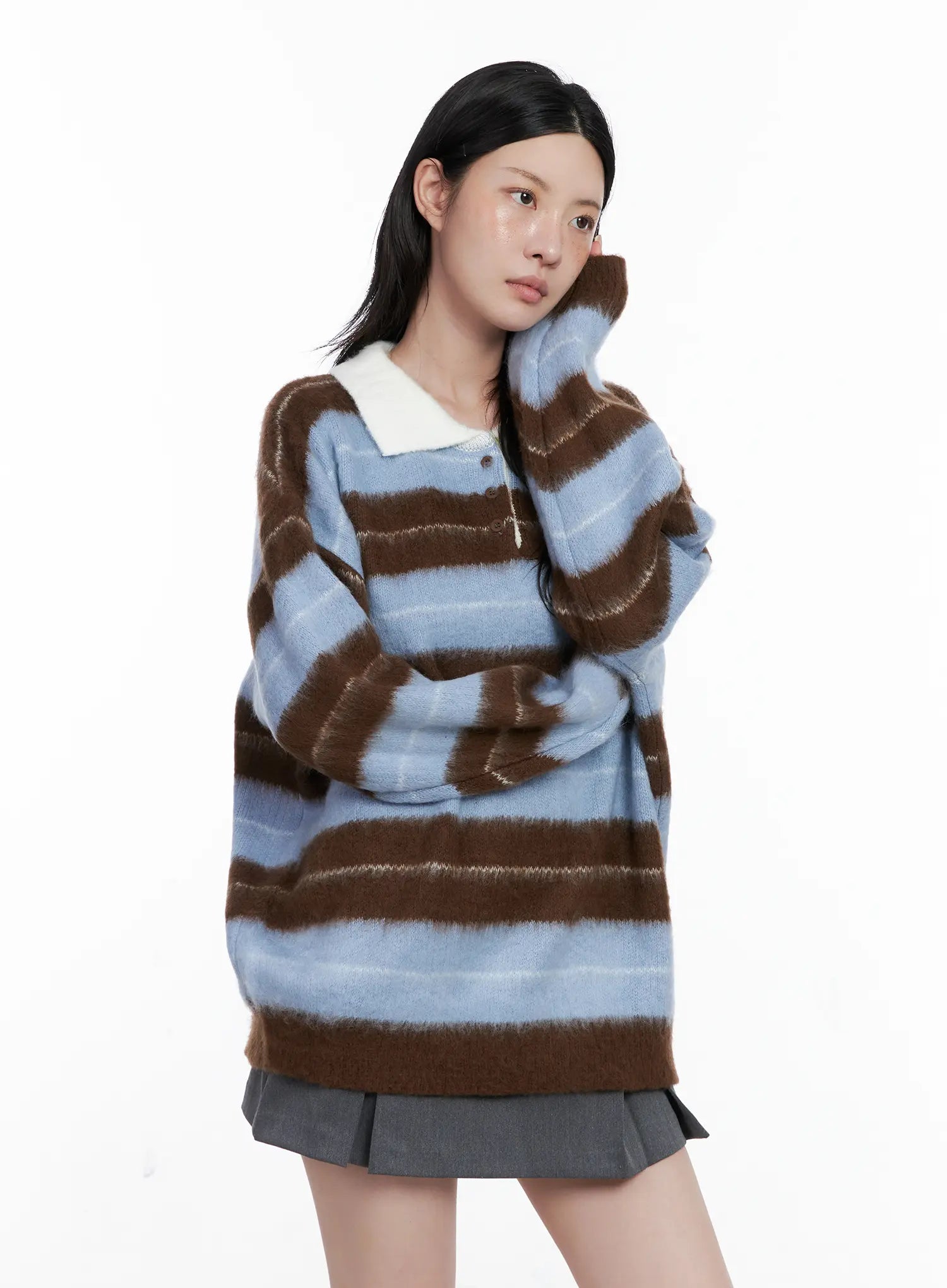 Striped Fuzzy Collared Knit Sweater CS529