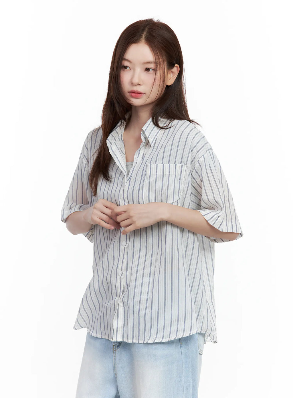 Casual Striped Short-Sleeve Button-Up Shirt CL502