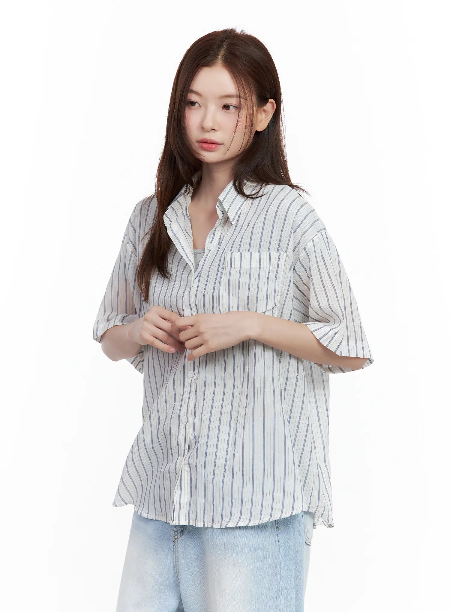 Casual Striped Short-Sleeve Button-Up Shirt CL502