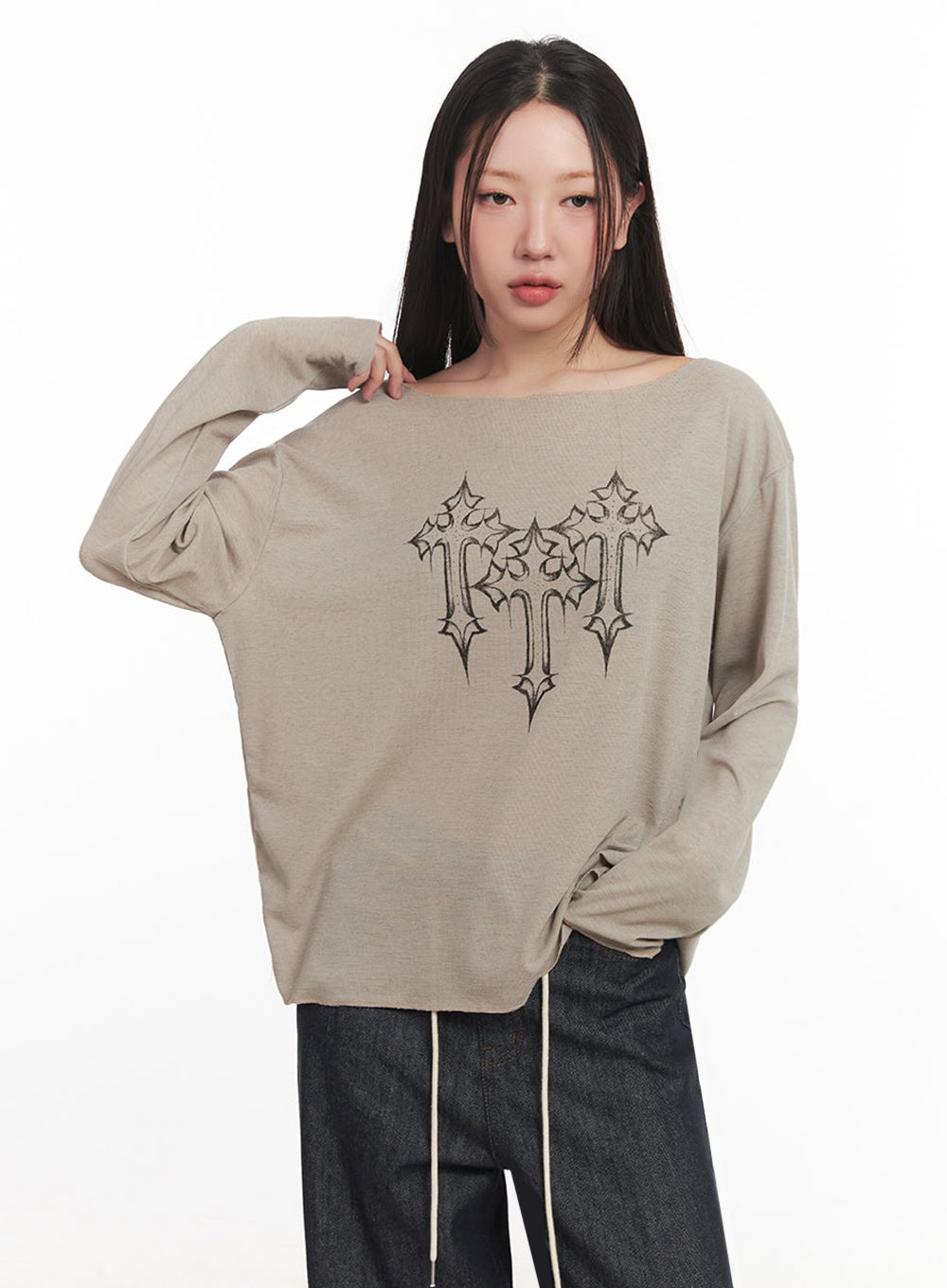 One-Shoulder Sheer Long-Sleeve Graphic Top IM528