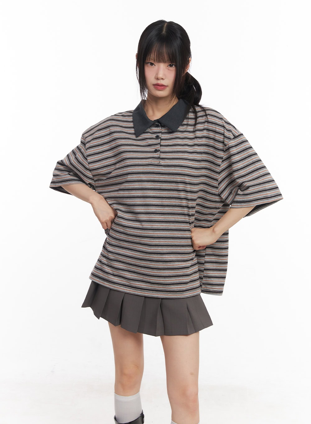 Oversized Striped Short Sleeve Polo Shirt CY514