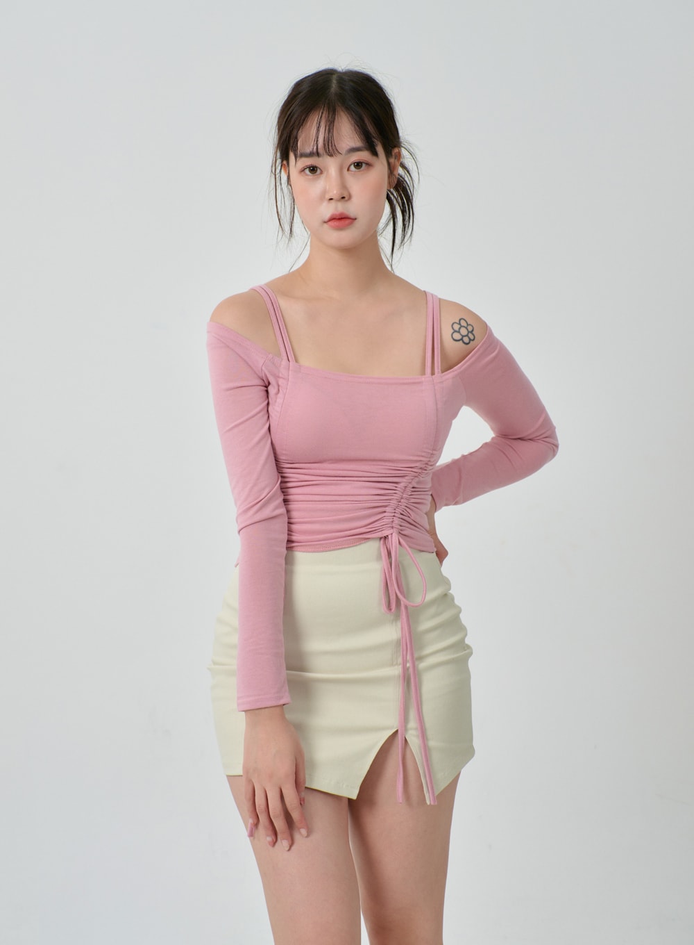 Off-Shoulder Double Front Tie Ruched Top IJ304