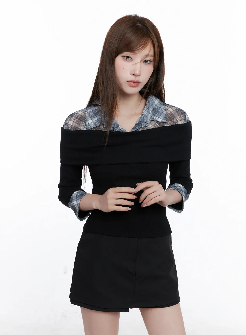 Plaid Collar Layered Long Sleeve Top CG529