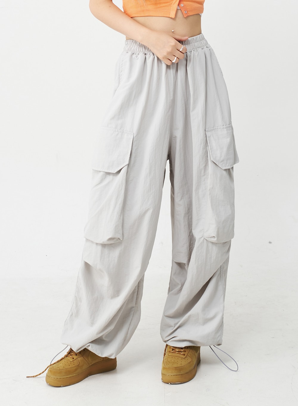Drawstring Hem Long Wide Cargo Pants CJ21