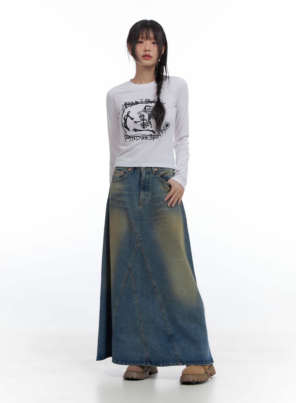 Tailored Stitch Detail Denim Maxi Skirt CS420