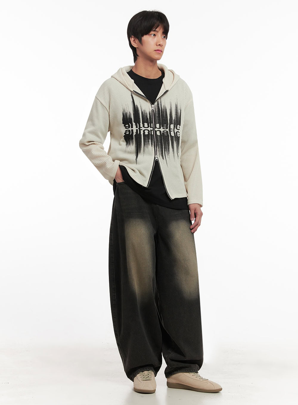 Men's Ribbed Knit Graphic Hooded Jacket IA511