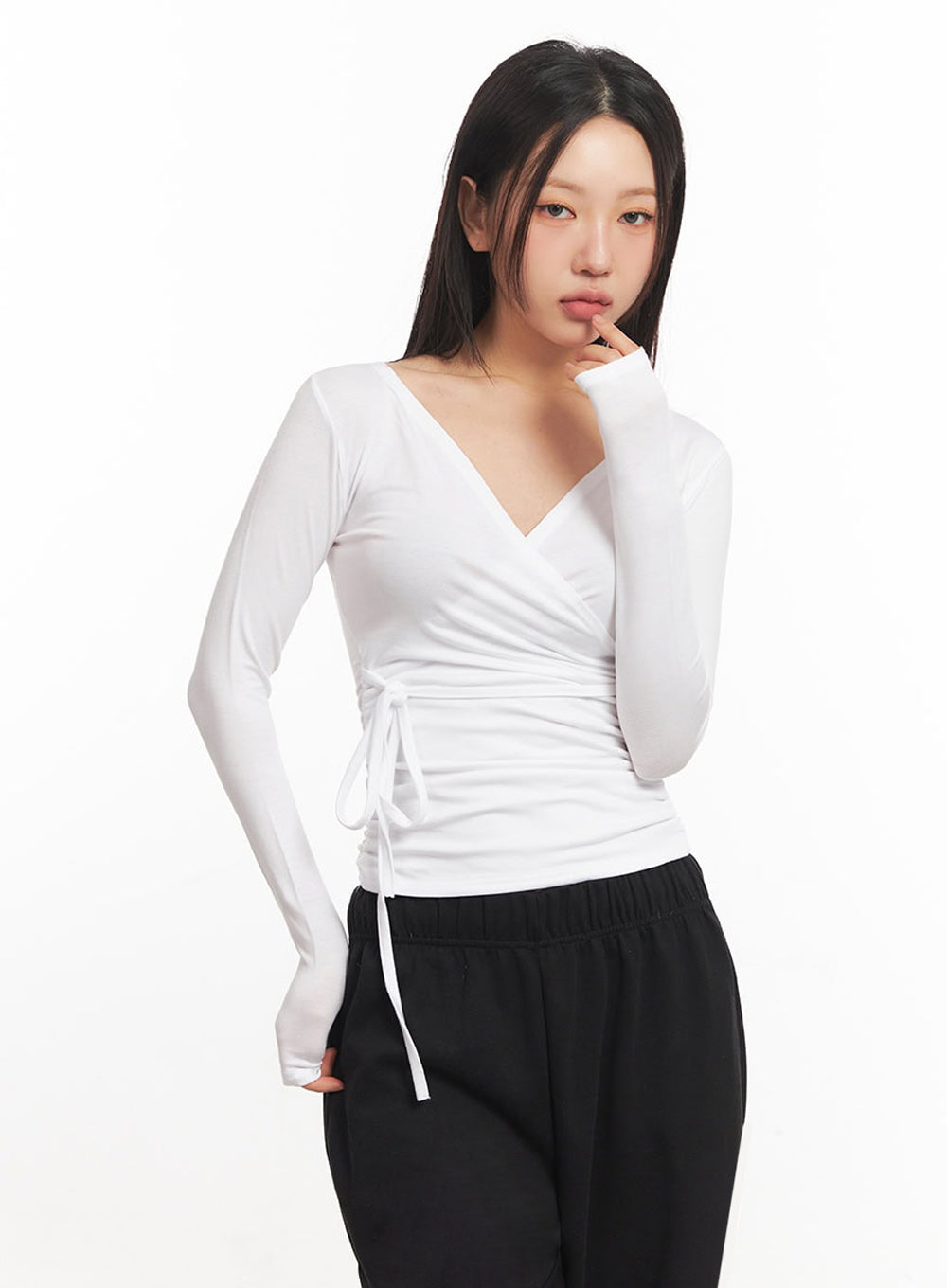 Wrap Shirred Long-Sleeve Crop Top IA524