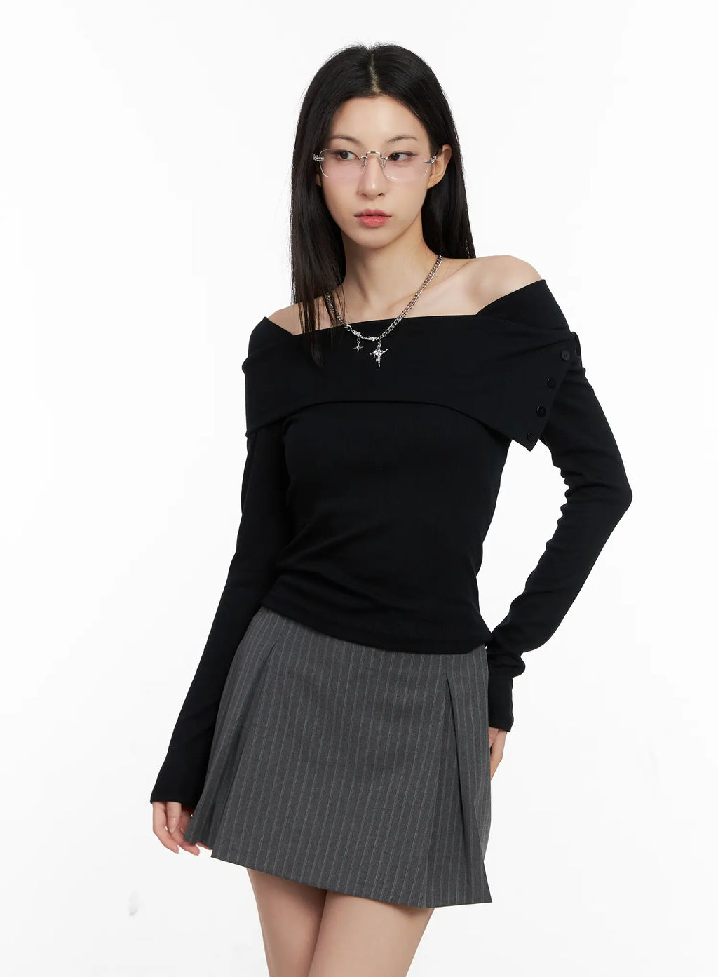 Buttoned Off-Shoulder Long Sleeve Top CG525