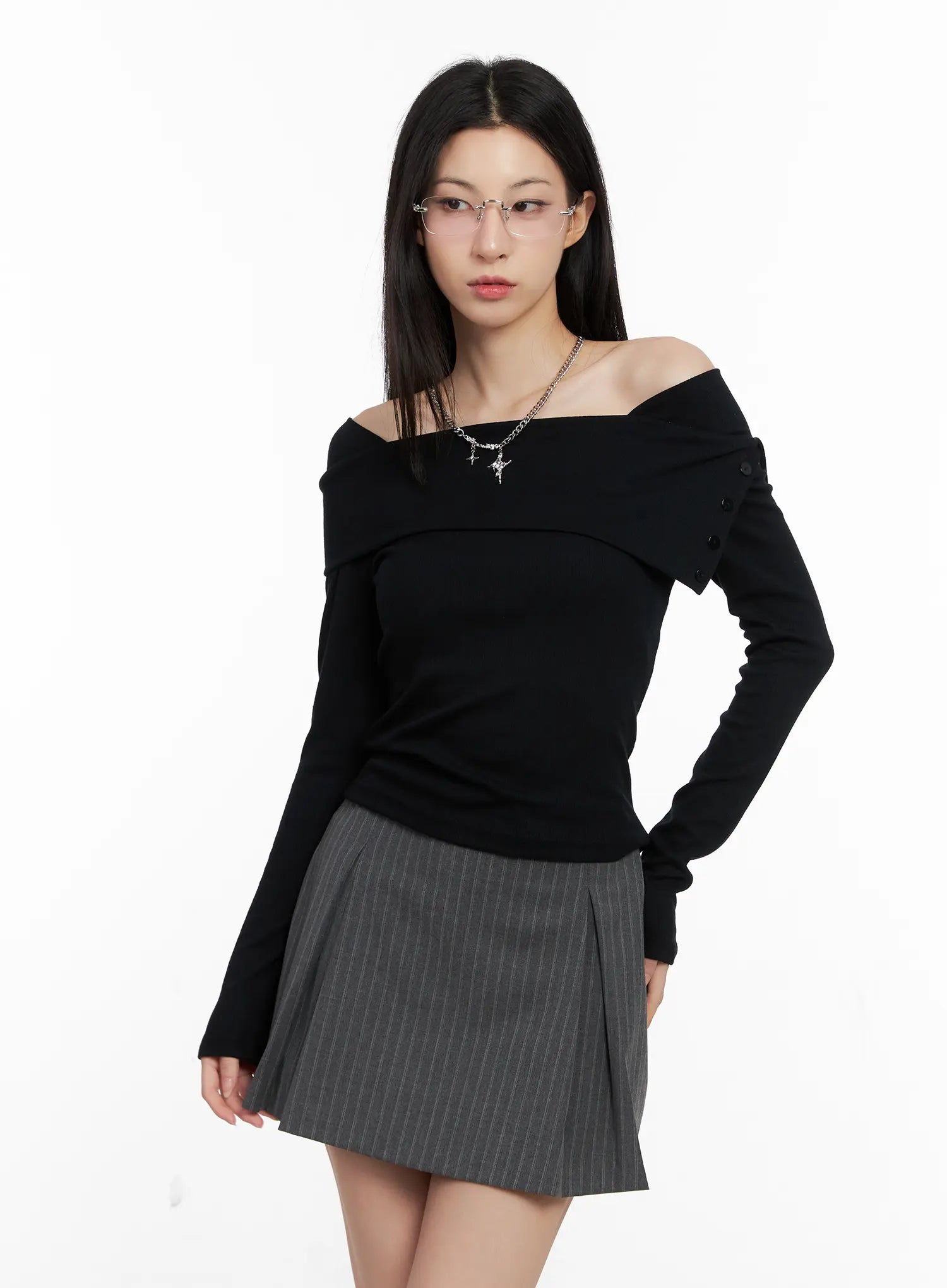 Buttoned Off-Shoulder Long Sleeve Top CG525