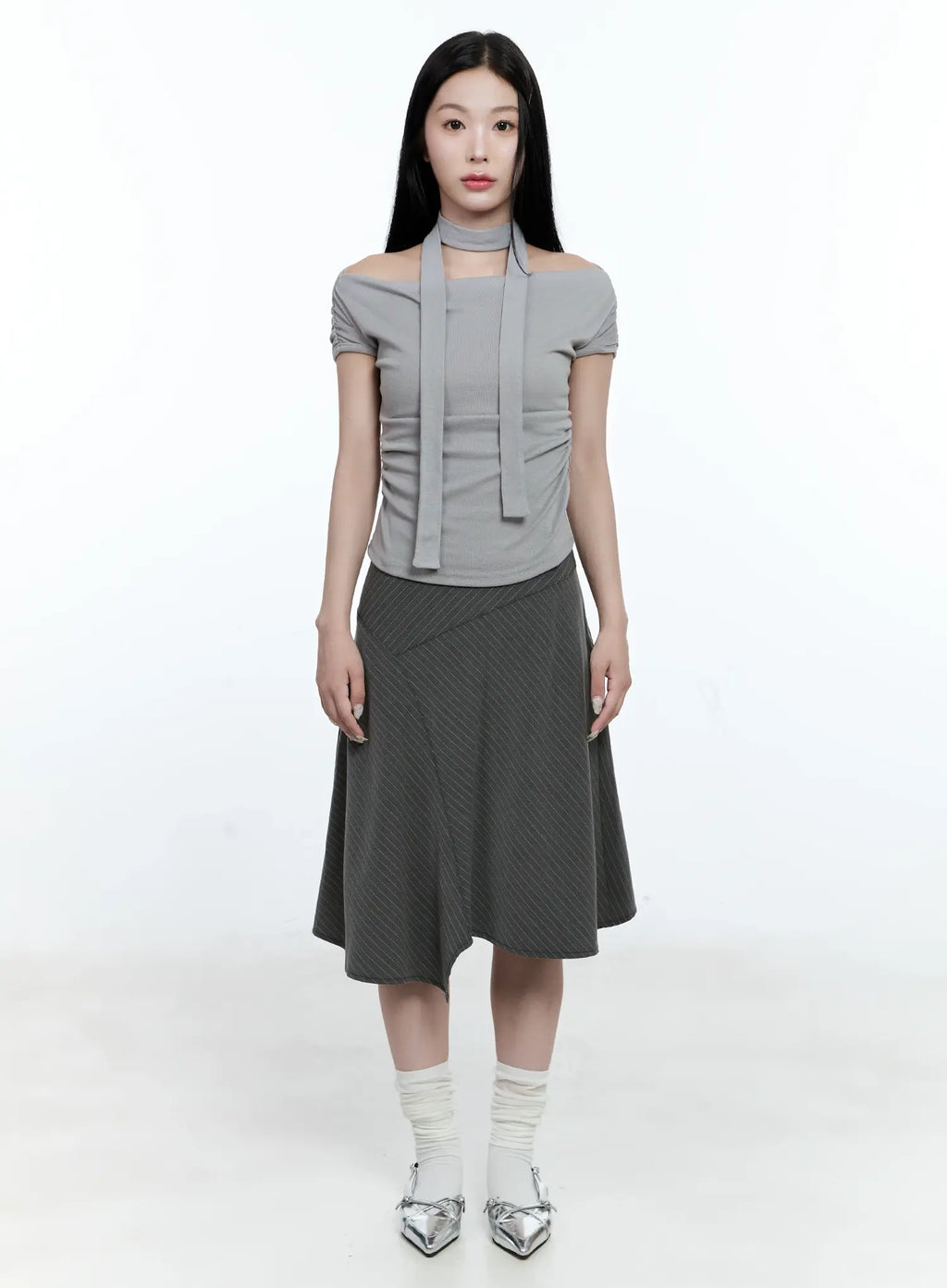 Asymmetric Pinstripe Midi Skirt CG511