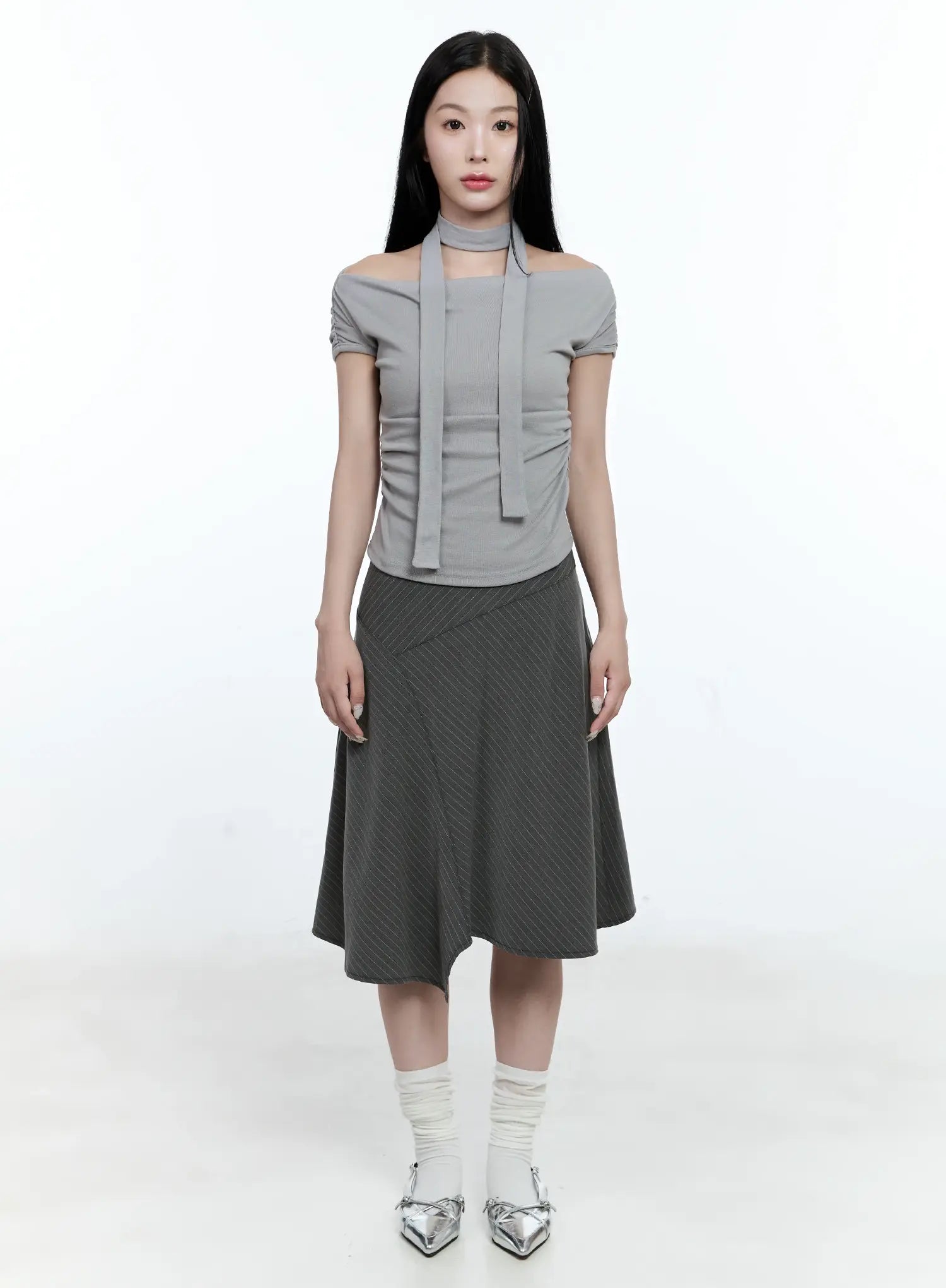 Asymmetric Pinstripe Midi Skirt CG511